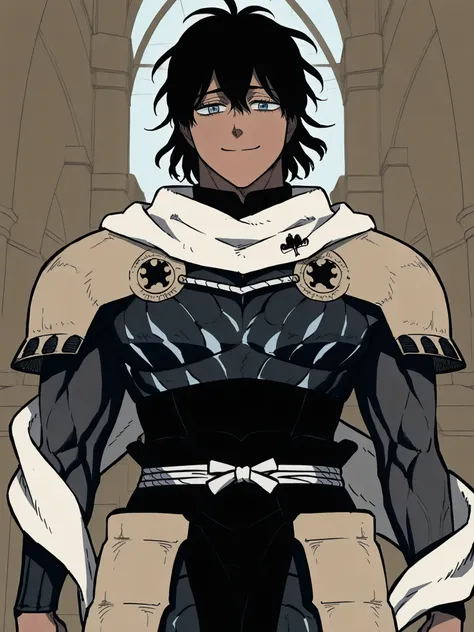 (((seme,muscular,muscular male,large pectorals,))), ((mature male)), ((fantasy clothing)), ((father)), ((flowing scarf)),  ((armor)), ((dark skin)), ((black hair)), ((blue eyes)), ((hair down)), ((muscular arms)),  ((closed smile)), ((in the artstyle of Bl...