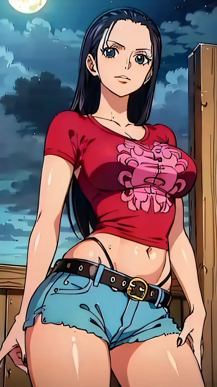 (masterpiece, best quality, high resolution, 8K:1.2), anime coloring, detailed, from one piece, one piece style, Nico Robin, mature woman, 30 years old, woman with long black hair, big medium breasts, calm and collected, happy expression and laughing, soft...