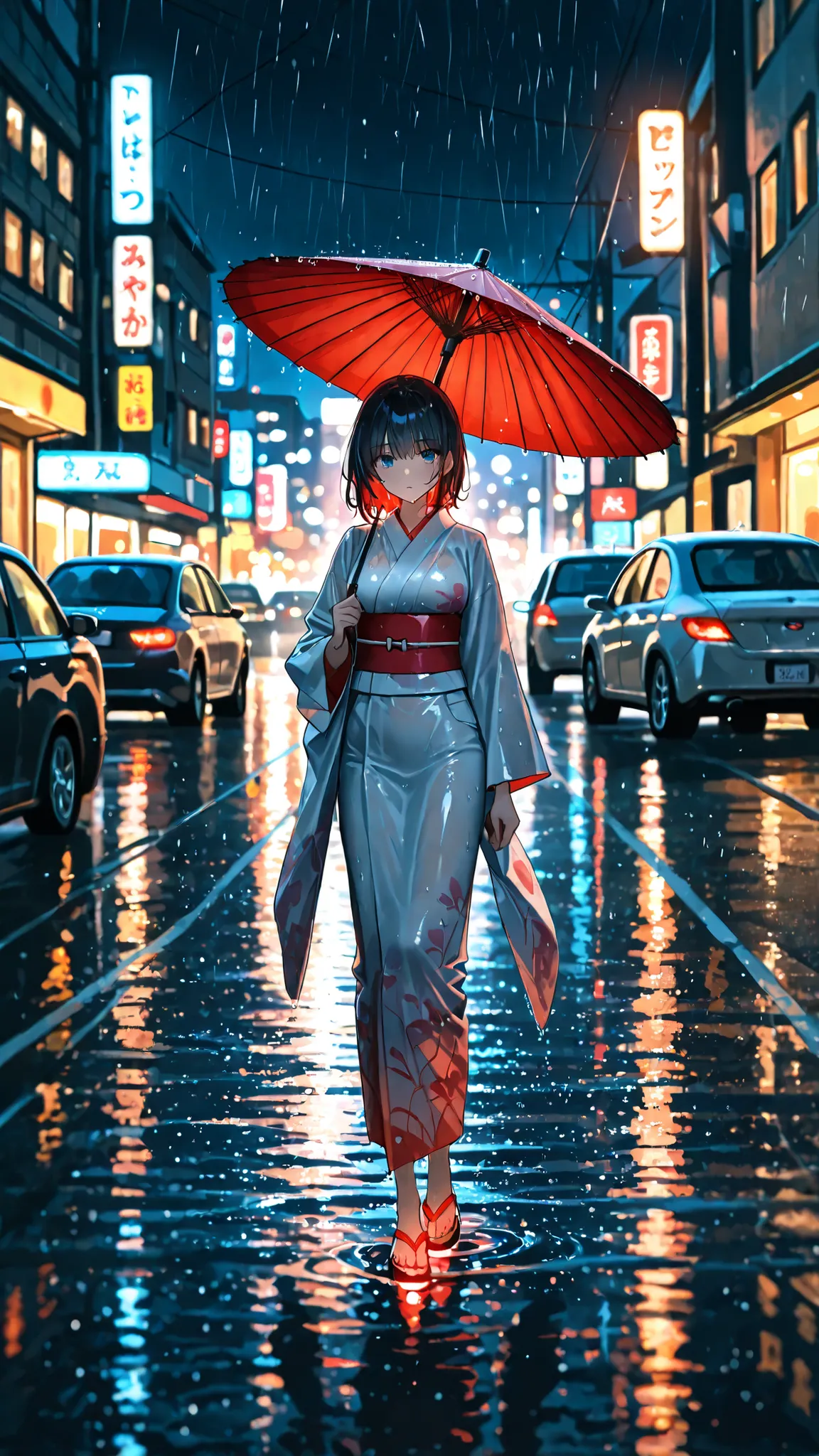 (masterpiece, top quality), Beautiful woman wearing a wet kimono holding a traditional Japanese umbrella, slowly turning on a rainy night, Heavy downpour, dramatic lighting, Car headlights reflected on wet asphalt, Shining Puddles, cinematic atmosphere, Ra...