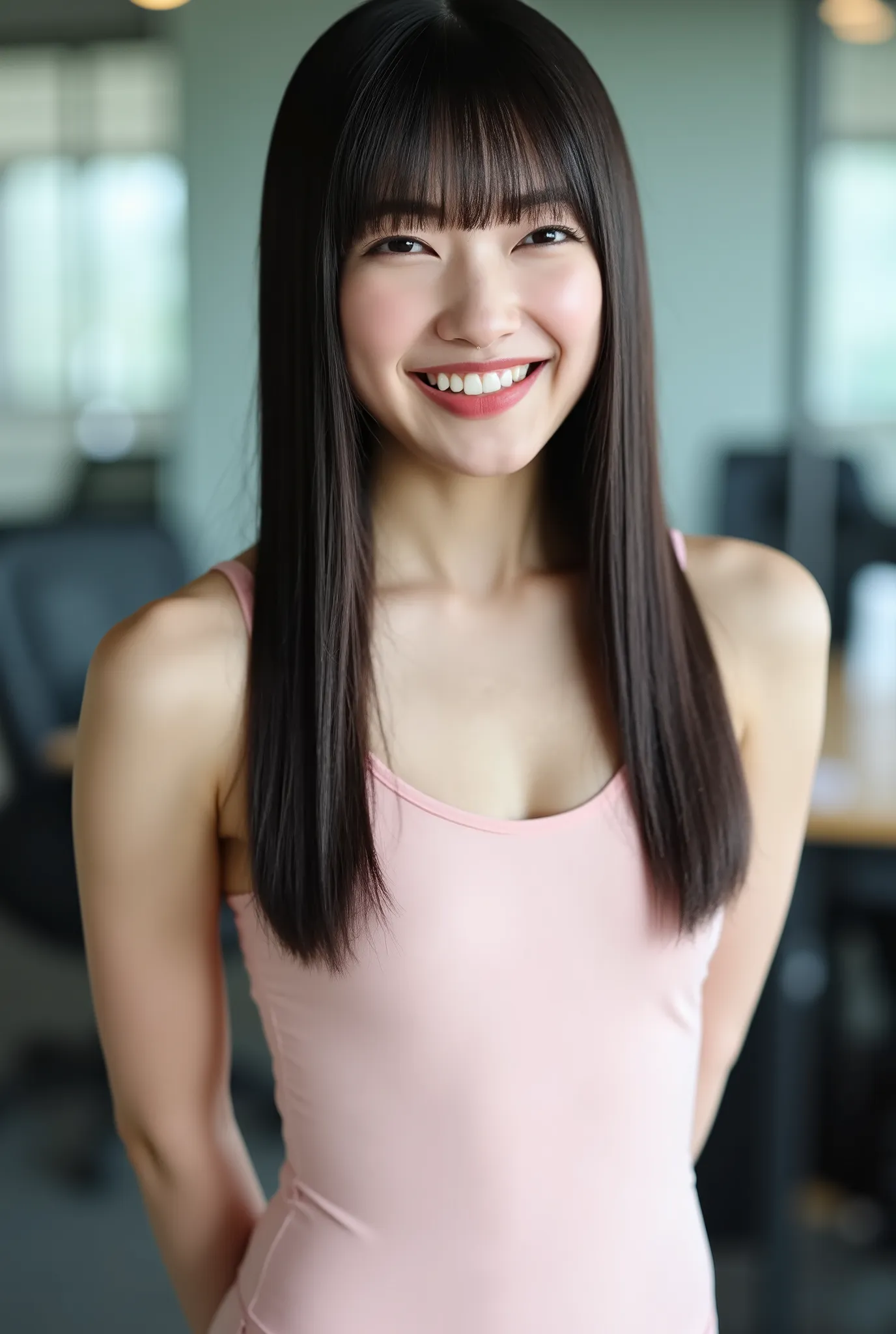 The high resolution image is a portrait of a young woman named Zono viewed from the front.
Her hairstyle is straight long dark hair down to the chest with thick blunt bangs. 
She is wearing a thin-strap high-leg lite-pink leotard.
She's standing tall with ...