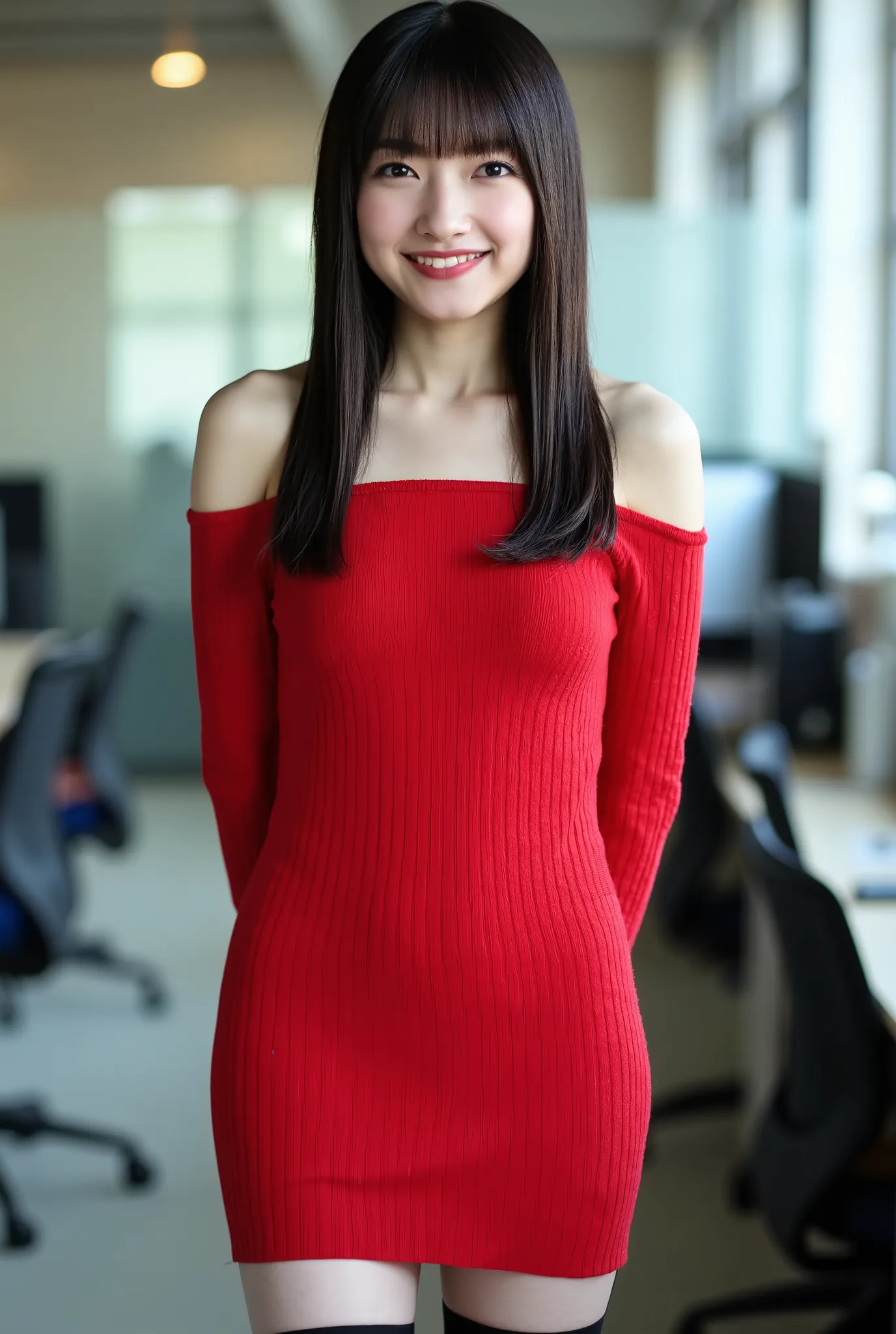 The high resolution image is a portrait of a young woman named Zono viewed from the front.
Her hairstyle is straight long dark hair down to the chest with thick blunt bangs. 
She is wearing a off-shoulder strapless ribbed knit sweater red mini-dress and bl...