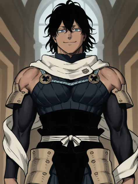 (((seme,muscular,muscular male,large pectorals,))), ((mature male)), ((fantasy clothing)), ((father)), ((flowing scarf)),  ((armor)), ((dark skin)), ((black hair)), ((blue eyes)), ((hair down)), ((muscular arms)),  ((closed smile)), ((in the artstyle of Bl...
