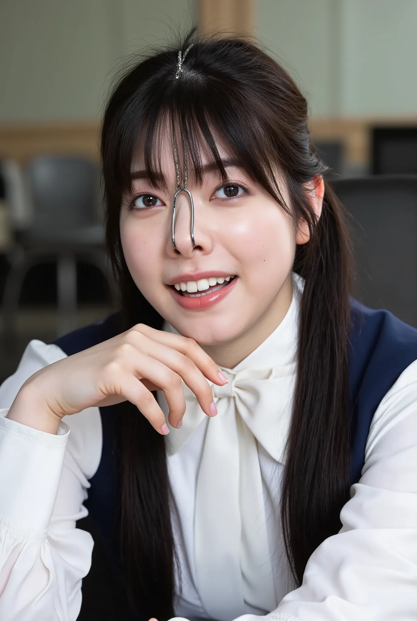 The high resolution image is a close-up portrait of a young woman named Zono with straight long dark hair down to the chest and thick blunt bangs. 
She is wearing a dark blue mini dress with white puffy long sleeves. 
The blouse has a very large white bow ...