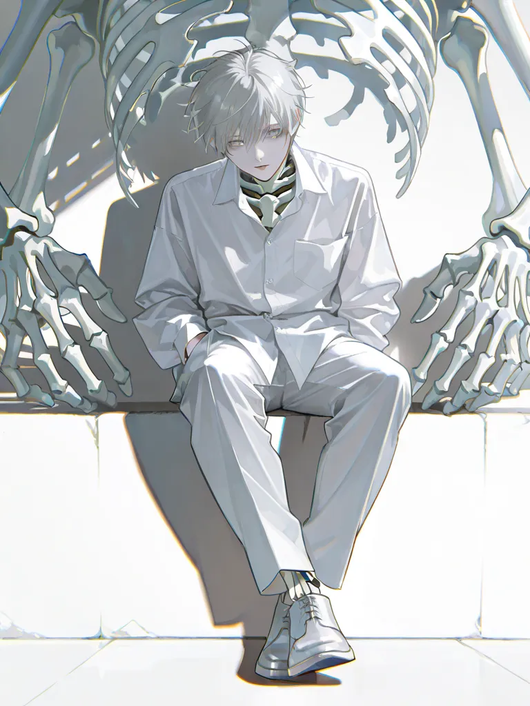 (perfect face,  Very Detailed face,)Boy,solo,(( a white boy in his 20s,with hand in pocket)) short hair, gray hair, messy hair, grey eyes, white eyes,with extremely fine line art, white dress shirt, pale white skin,Skeleton, high res, masterpiece, Very Detailed, soft colors, Chromatic Aberration,reflective light, expressionless, Sleepy Expression,Drop Shadow, Complementary Color, Thick Painted , Semirealism Art, Semirealism Art style、full body、sitting