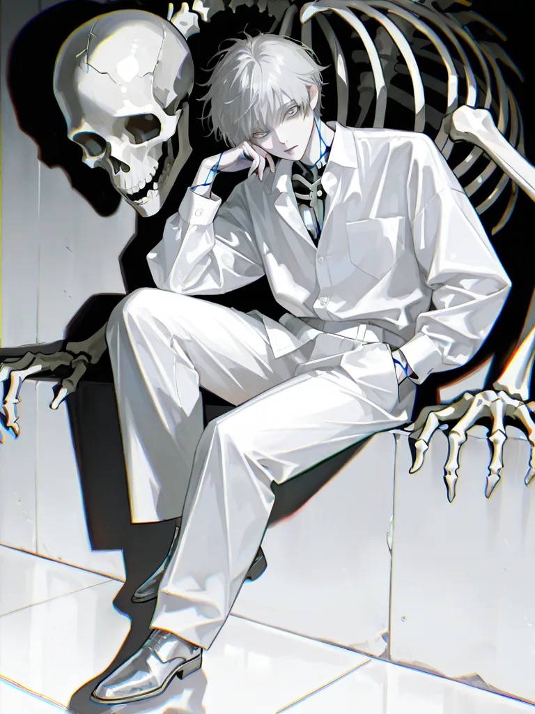 (perfect face,  Very Detailed face,)Boy,solo,(( a white boy in his 20s,with hand in pocket)) short hair, gray hair, messy hair, grey eyes, white eyes,with extremely fine line art, white dress shirt, pale white skin,Skeleton, high res, masterpiece, Very Detailed, soft colors, Chromatic Aberration,reflective light, expressionless, Sleepy Expression,Drop Shadow, Complementary Color, Thick Painted , Semirealism Art, Semirealism Art style、full body、sitting