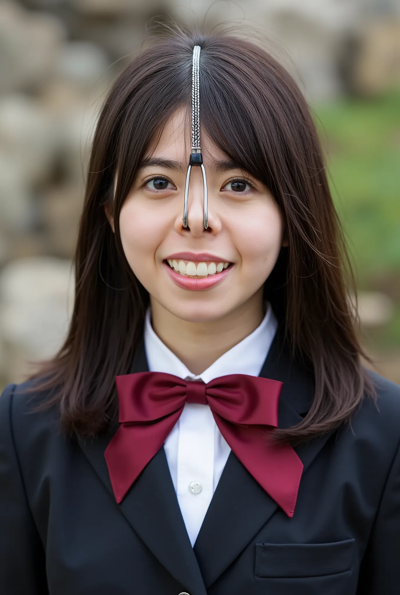 The high resolution image shows a young woman with semi-long, straight bob hair and bangs. 
She is wearing a dark-colored blazer or jacket over a white shirt, and she has a red bow tie. 
The background appears to be outdoors, with blurred elements suggesti...