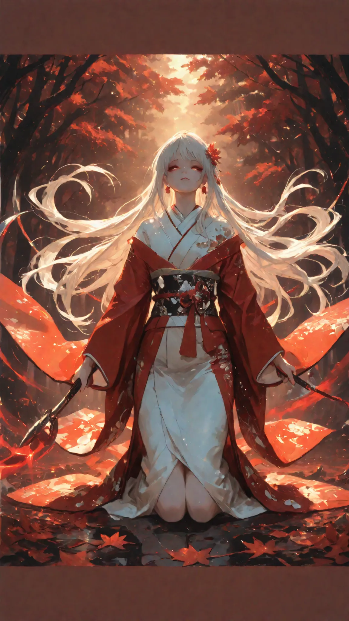 Three graceful women, full-body, vertical composition. A full vertical 9:16 illustration featuring three elegant and dynamic female characters inspired by the Japanese yokai "Kama-itachi", arranged in a flowing top-to-bottom sequence. The top figure is a b...