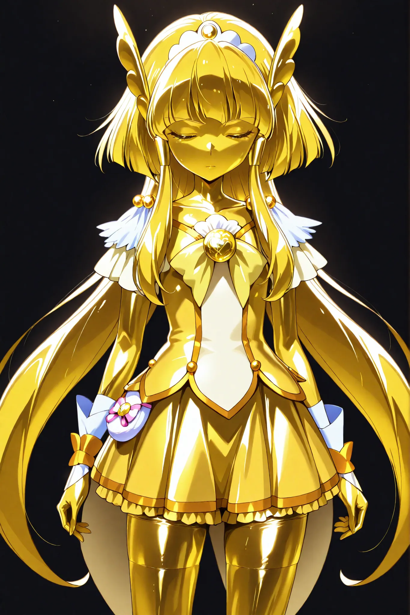Cure Beauty, masterpiece, best quality, Newest, very high resolution, closed eyes, yellow hair, golden hands,  yellow sclera, closed mouth, No students, Yellow skin, shiny skin,  metal skin, Black eyebrows, Hanging eyebrows, 1girl, solo, cowboy shot, stand...