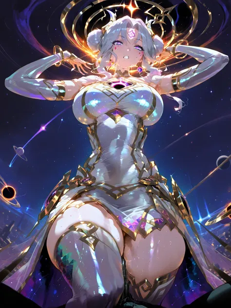 She is gravity given form—metallic rings orbit her waist, breasts, and thighs. Skin like smooth meteorite, dark gray with shifting luminous runes. Her pelvic region is a shifting black hole of sacred invitation.
Erotic Signature: Orbital rhythm, pulsing we...