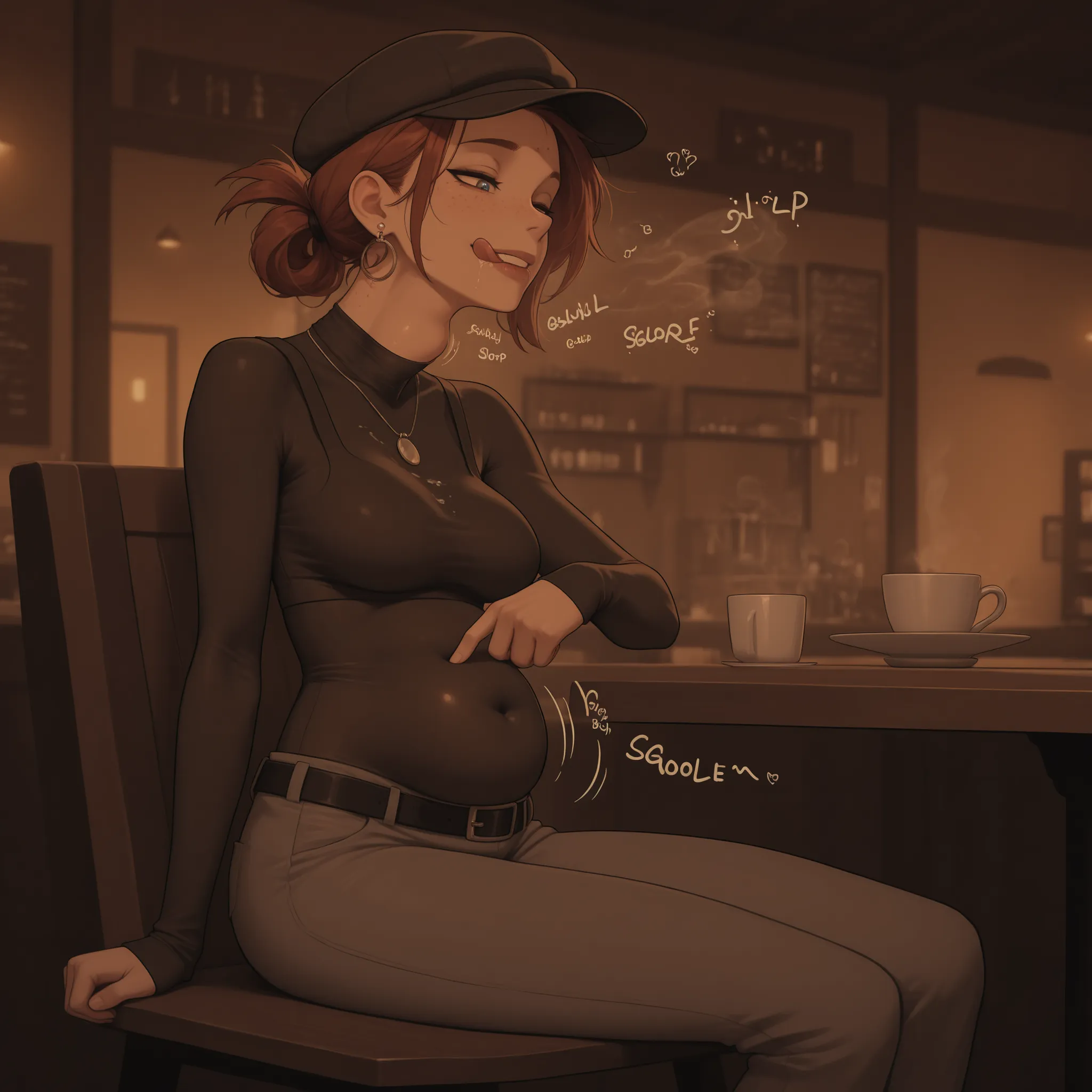 masterpiece, high quality, best quality, 
café, stylish hat, stylish clothes, belt, tied hair, earrings, necklace,
fully dressed, covered navel, belly concealed by clothes,
visible forehead, freckles, moles, detailed eyes, detailed lips,
slim body, slim wa...