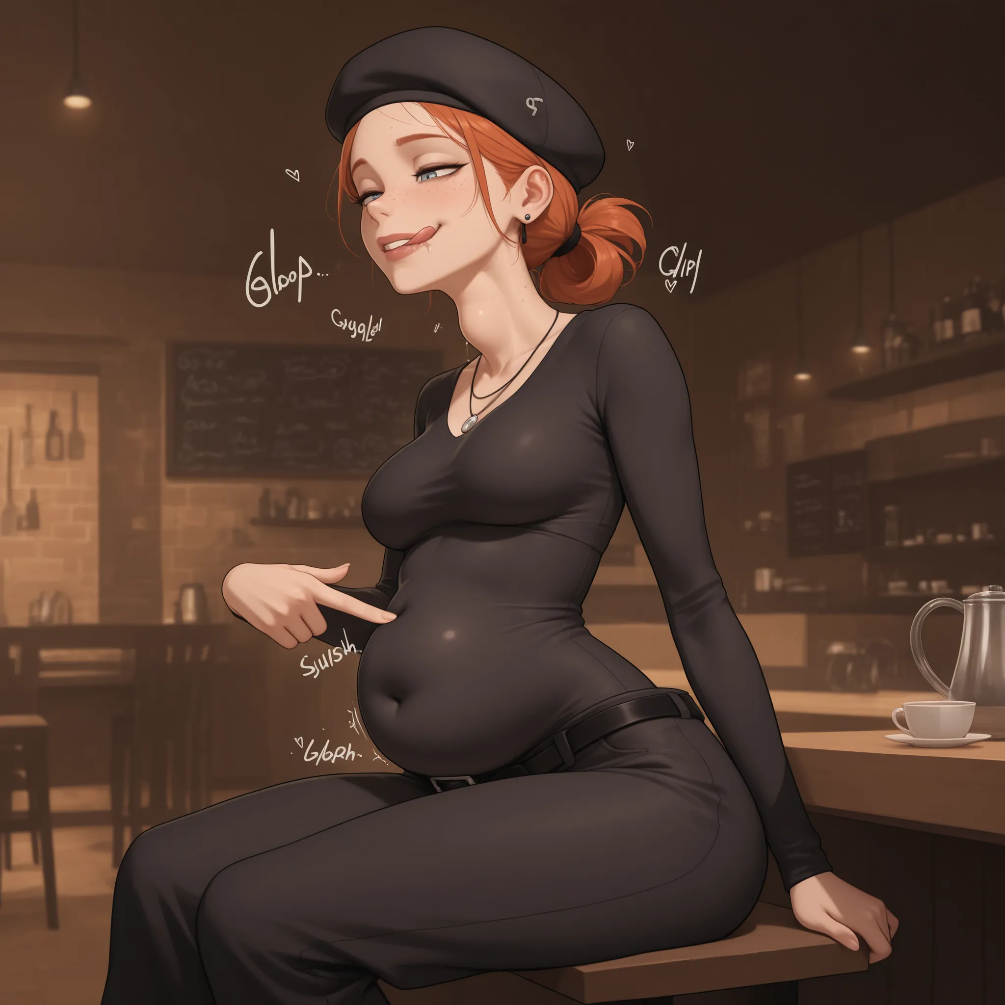 masterpiece, high quality, best quality,
café, stylish hat, stylish clothes, belt, tied hair, earrings, necklace,
fully dressed, covered navel, belly concealed by clothes,
visible forehead, freckles, moles, detailed eyes, detailed lips,
slim body, slim wa...