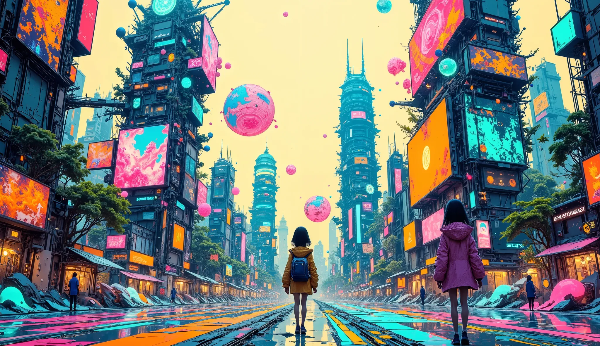 A highly detailed, hyper-futuristic cyberpunk cityscape inspired by Jakarta, Indonesia. Replace the original city skyline with iconic Jakarta landmarks like Monas (National Monument), Wisma 46, and the GBK Stadium, all reimagined in neon-lit, high-tech, sc...