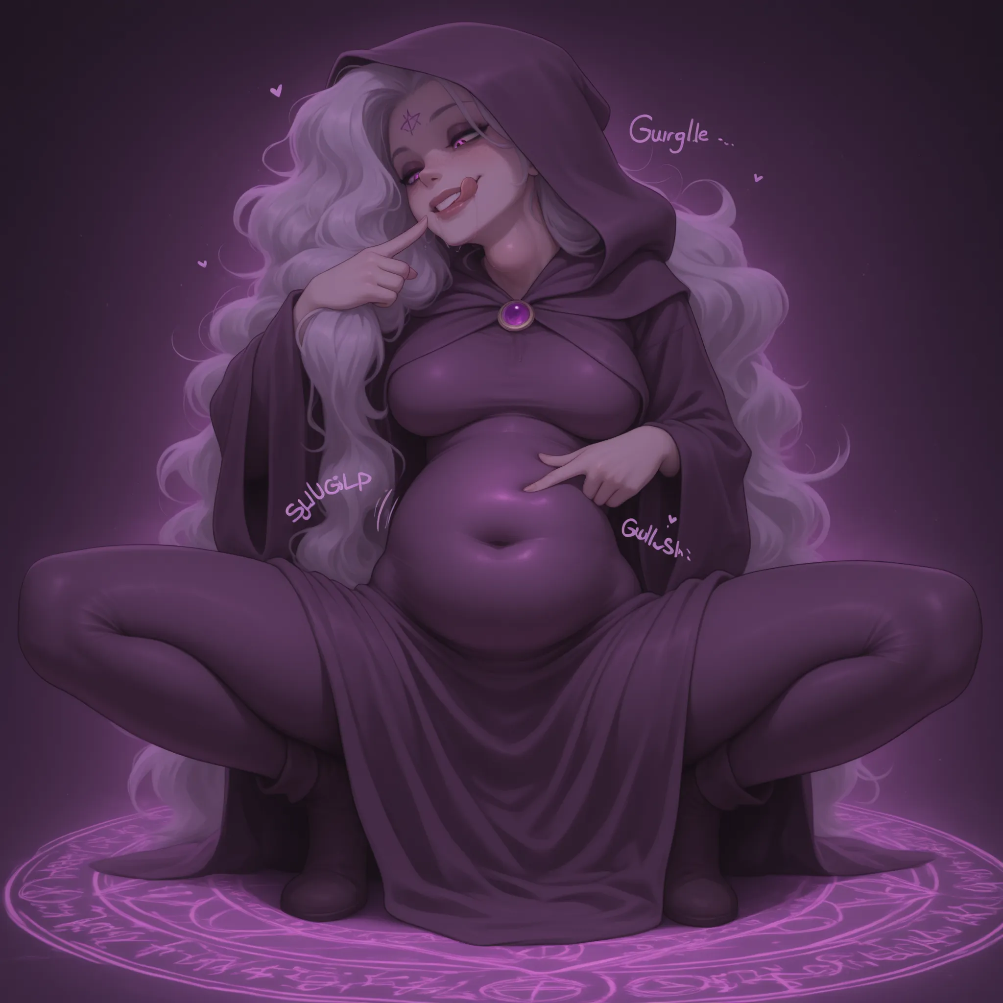 masterpiece, high quality, best quality,
occult ritual circle, occultist woman, occultist robes, extremely long hair, hood, curls, visible forehead,
fully dressed, covered navel, belly concealed by clothes,
visible forehead, freckles, moles, detailed eyes...
