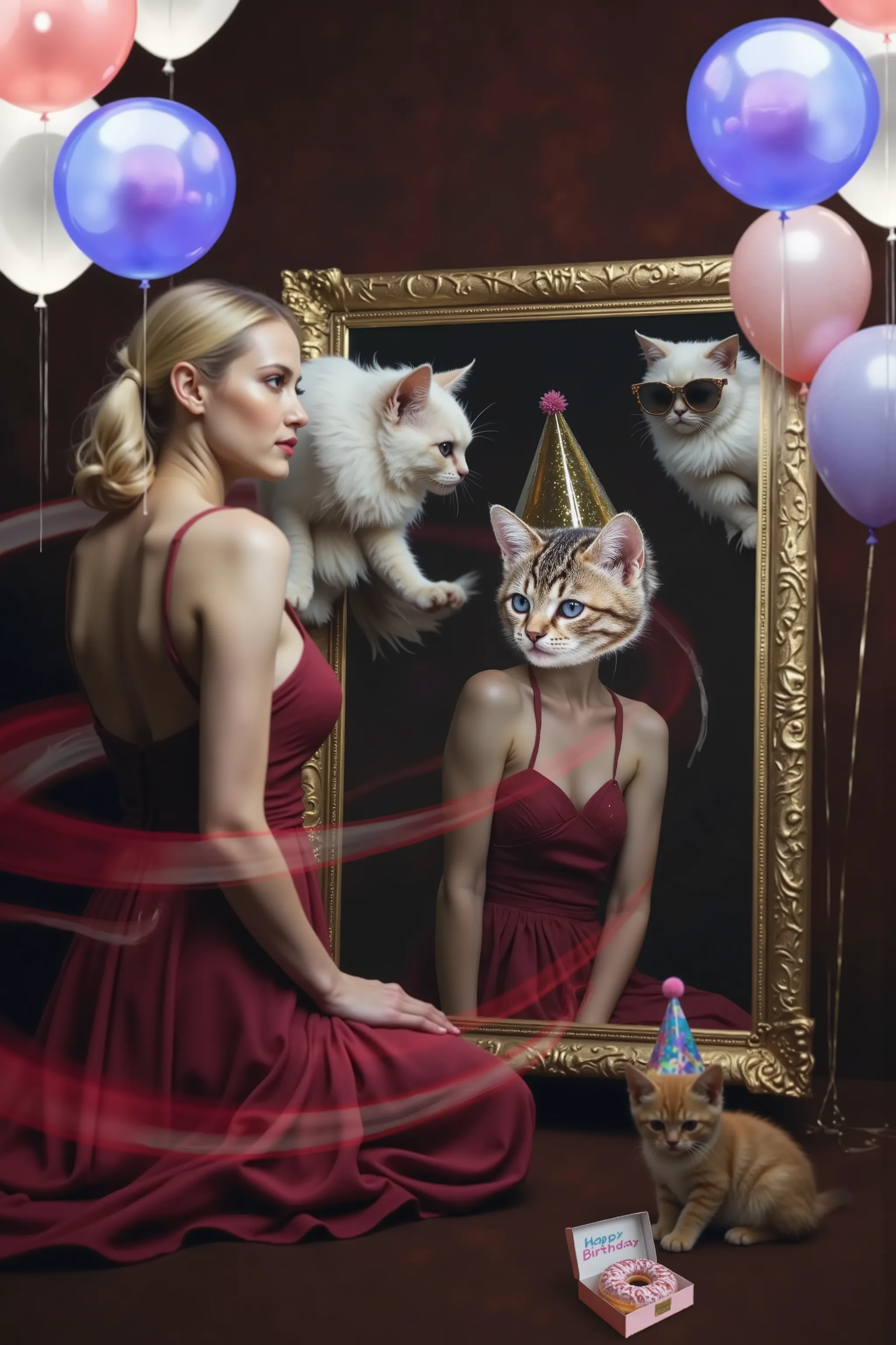 A woman in a deep red dress kneels gracefully in front of an ornate gold-framed mirror. Her dress, elegant and flowing, contrasts against the dark, atmospheric background. Perched on her shoulder is a fluffy white cat, gazing at its own reflection in the m...