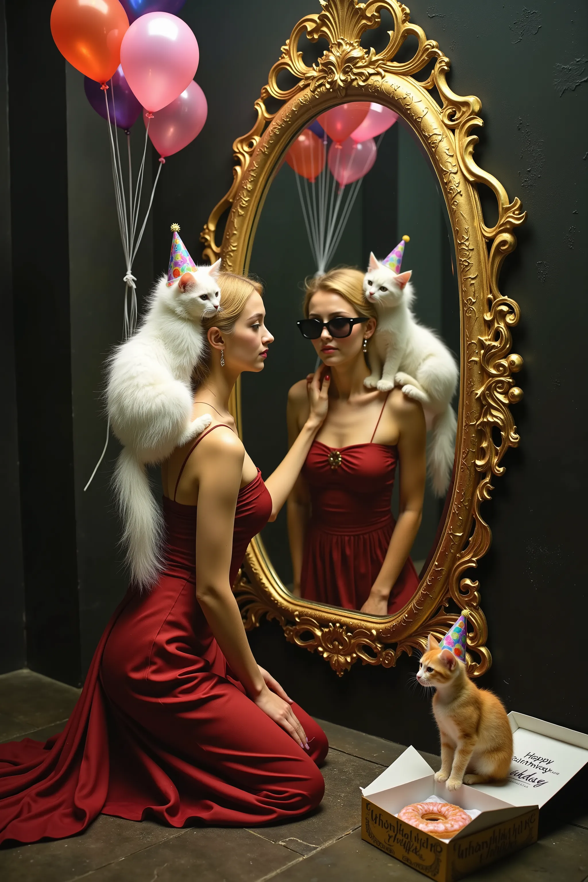 A woman in a deep red dress kneels gracefully in front of an ornate gold-framed mirror. Her dress, elegant and flowing, contrasts against the dark, atmospheric background. Perched on her shoulder is a fluffy white cat, gazing at its own reflection in the m...