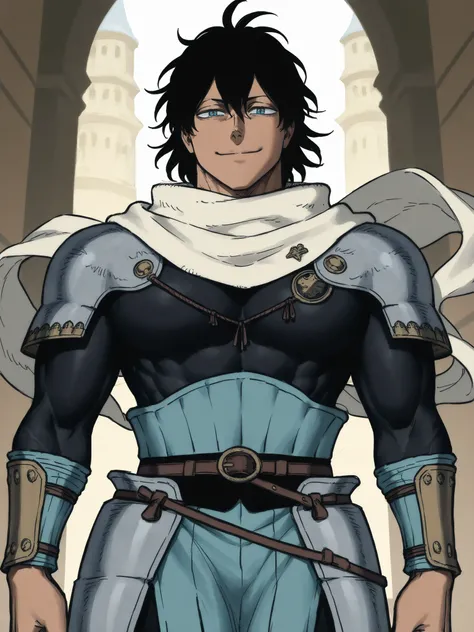 (((seme,muscular,muscular male,large pectorals,))), ((mature male)), ((fantasy clothing)), ((father)), ((flowing scarf)),  ((armor)), ((dark skin)), ((black hair)), ((blue eyes)), ((hair down)), ((muscular arms)),  ((closed smile)), ((in the artstyle of Bl...
