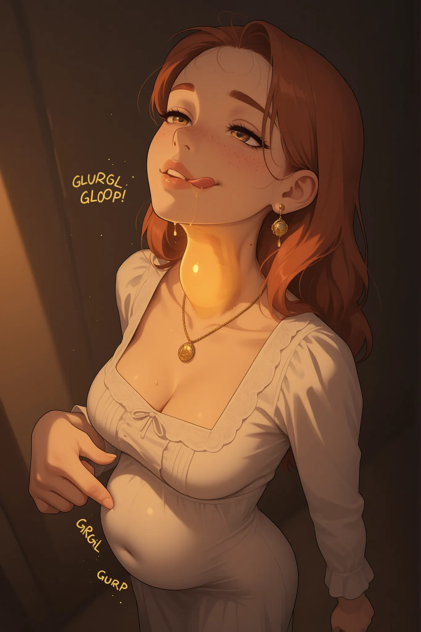manor, Victorian dress, quaffed hair, earrings, necklace,
fully dressed, covered navel, belly concealed by clothes,
visible forehead, freckles, moles, detailed eyes, detailed lips,
slim body, slim waist, slim belly, skinny, athletic, slight muscles, medium...