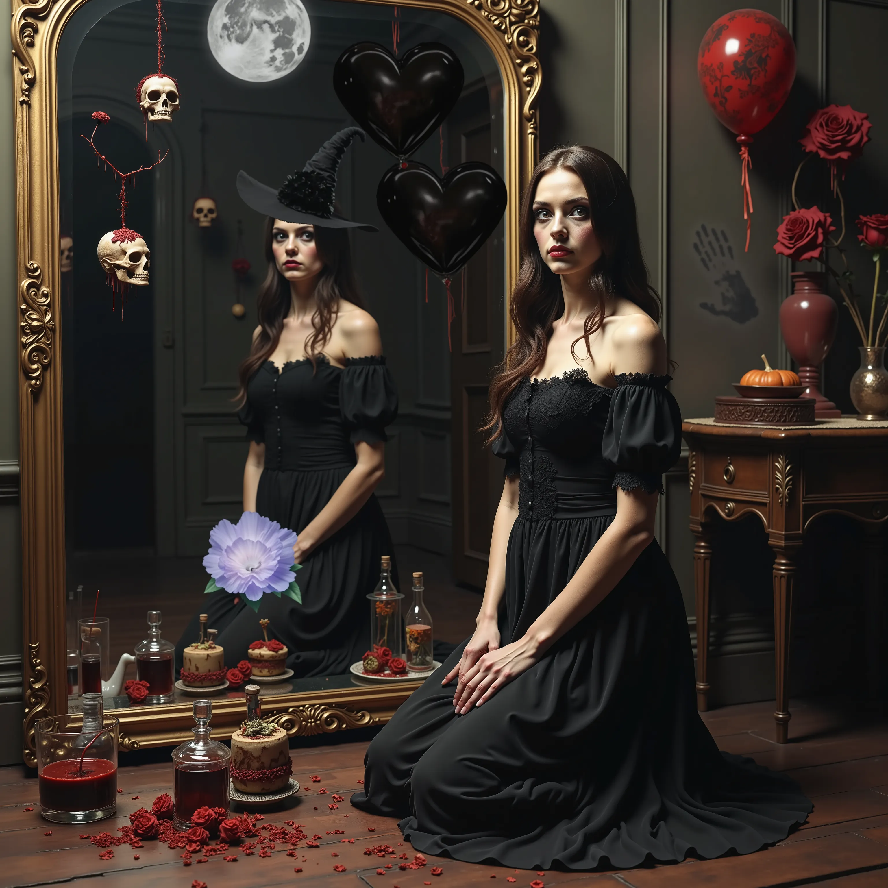 A woman in a black off-shoulder dress kneels in front of an ornate gold-framed mirror reflecting her image. Her long hair cascades down with soft waves. A touch of mysticism fills the scene with floating elements like a bright full moon and a witch's hat p...