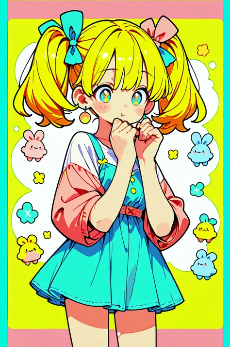 girls、blond twin tails、Cute light blue big bow、with both hands close to the face {x} light blue non-sleeve dress、肩にフリルが付いている、piece with ruffles on the shoulders、Fluttering Skirt、summer-inspired pop art