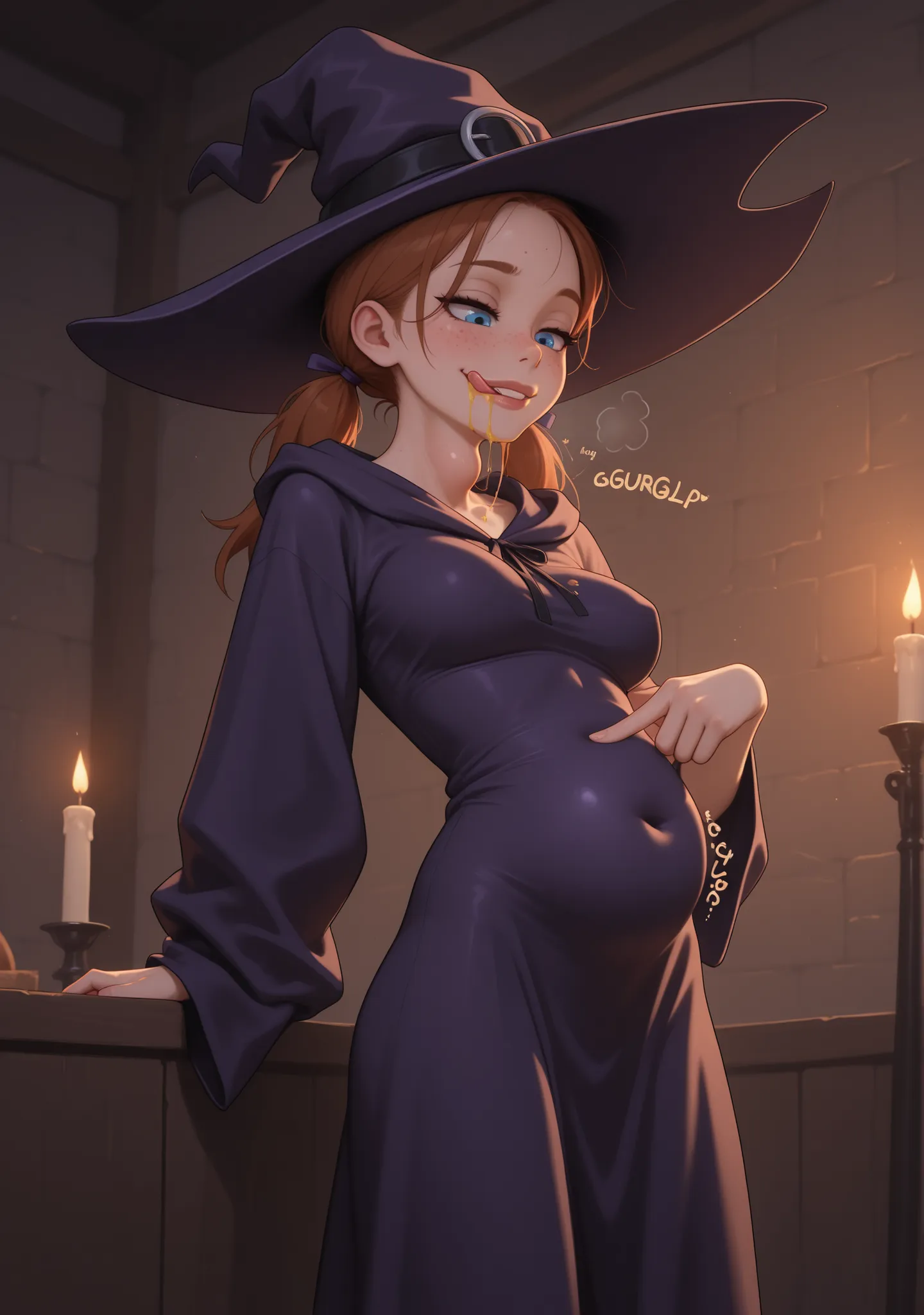 masterpiece, high quality, best quality,
witch abode, dark medieval chamber, candle light, potions, witch robes, witch hat, pigtails, colorful drool,
fully dressed, covered navel, belly concealed by clothes,
visible forehead, freckles, moles, detailed eye...