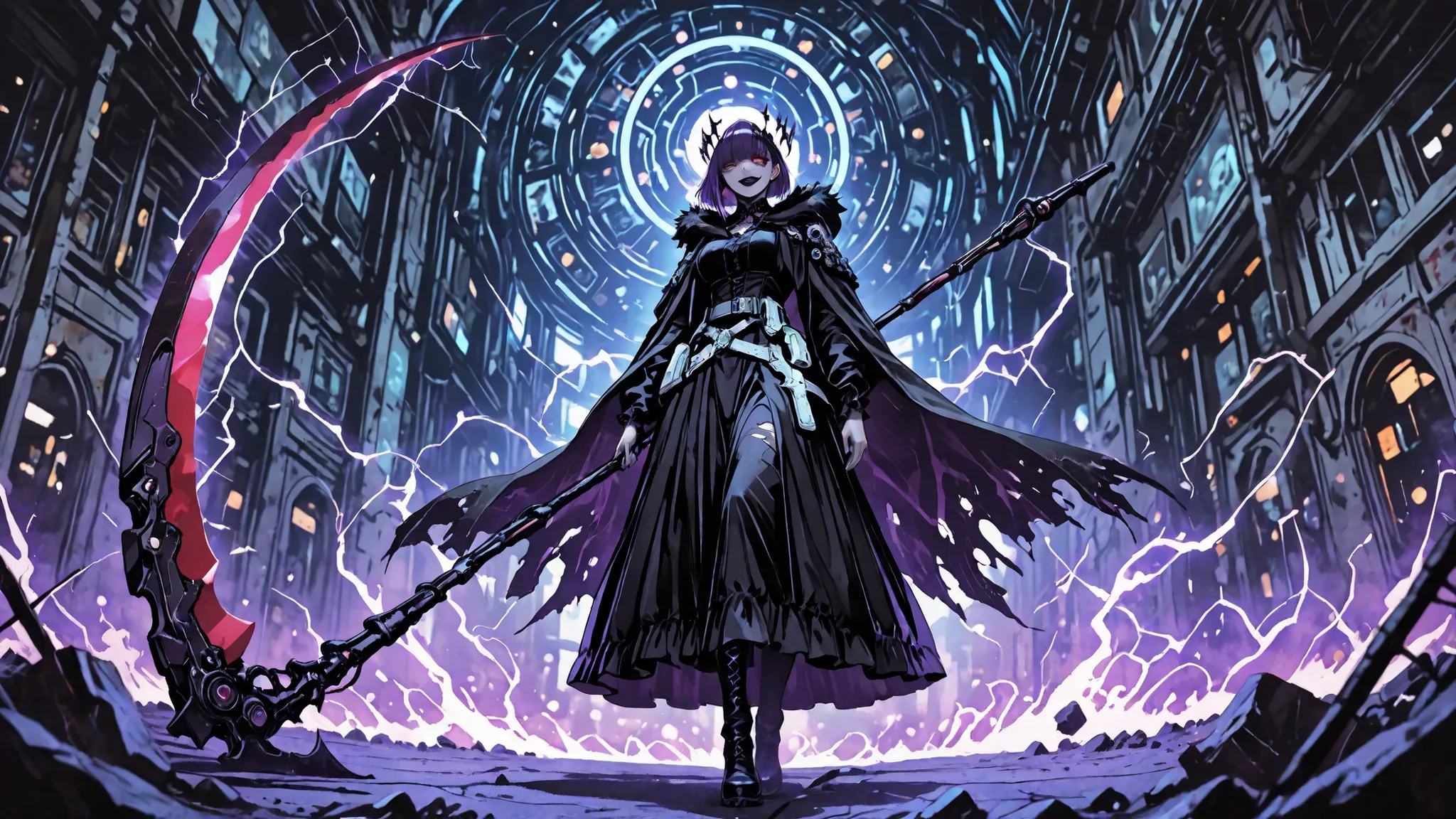 Goth girl,Goth girl 1girl,in the style of cksc,,japan style cyberpunk girl slashing red grape fruits in air scazy funny epic wallpaper, with accidic scythe with purple electricity aplied,, swinging swirl 1.0 slashing vibrant epic Uhd oranges  1.0 effects h...