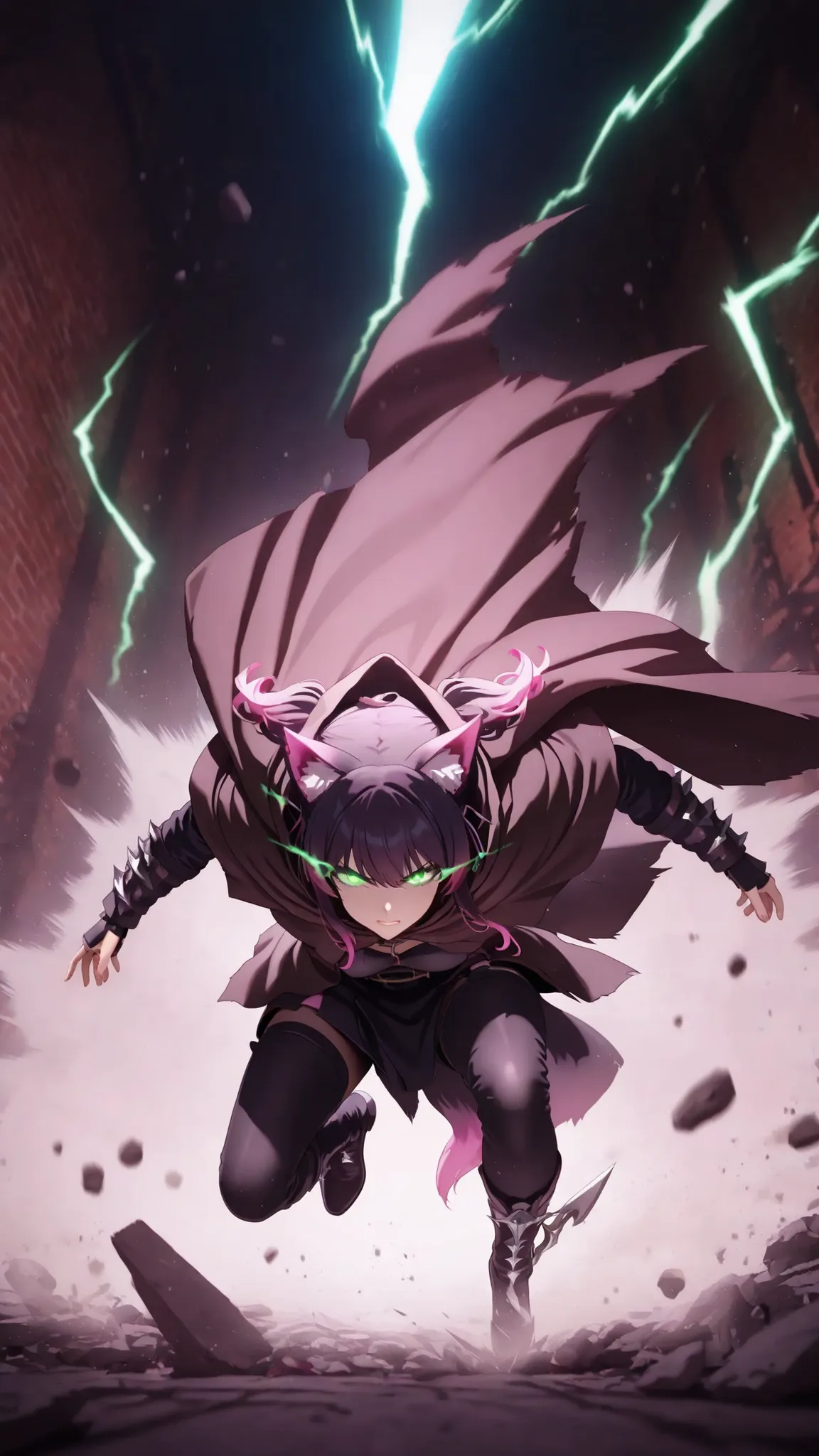 a beast-eared anime warrior sprinting through a collapsing dungeon corridor at full speed, rubble flying from each step, ground cracking beneath, green lightning trails swirling from her boots and blades, cloak fluttering wildly in the rushing air, dynamic...