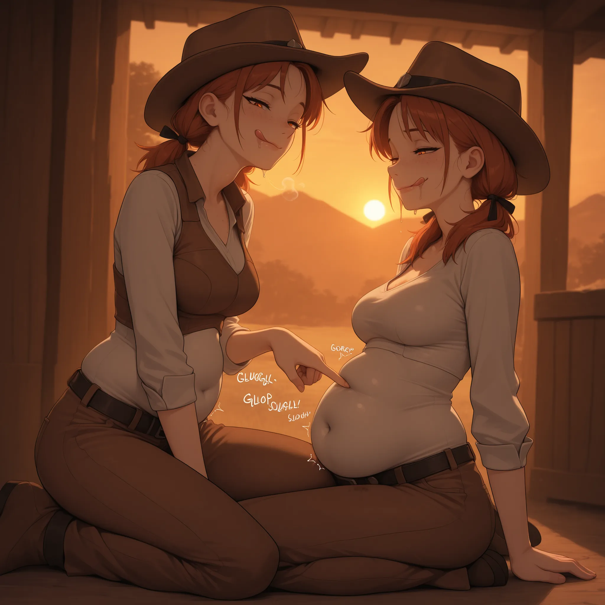 masterpiece, high quality, best quality, 
fully dressed, covered navel, belly concealed by clothes,
wild waste saloon, cowgirl, cowboy outfit, cowboy hat, wild rag, ribbons, low pigtails, ashen hair, visible forehead,
slim body, slim waist, bloated chubby ...