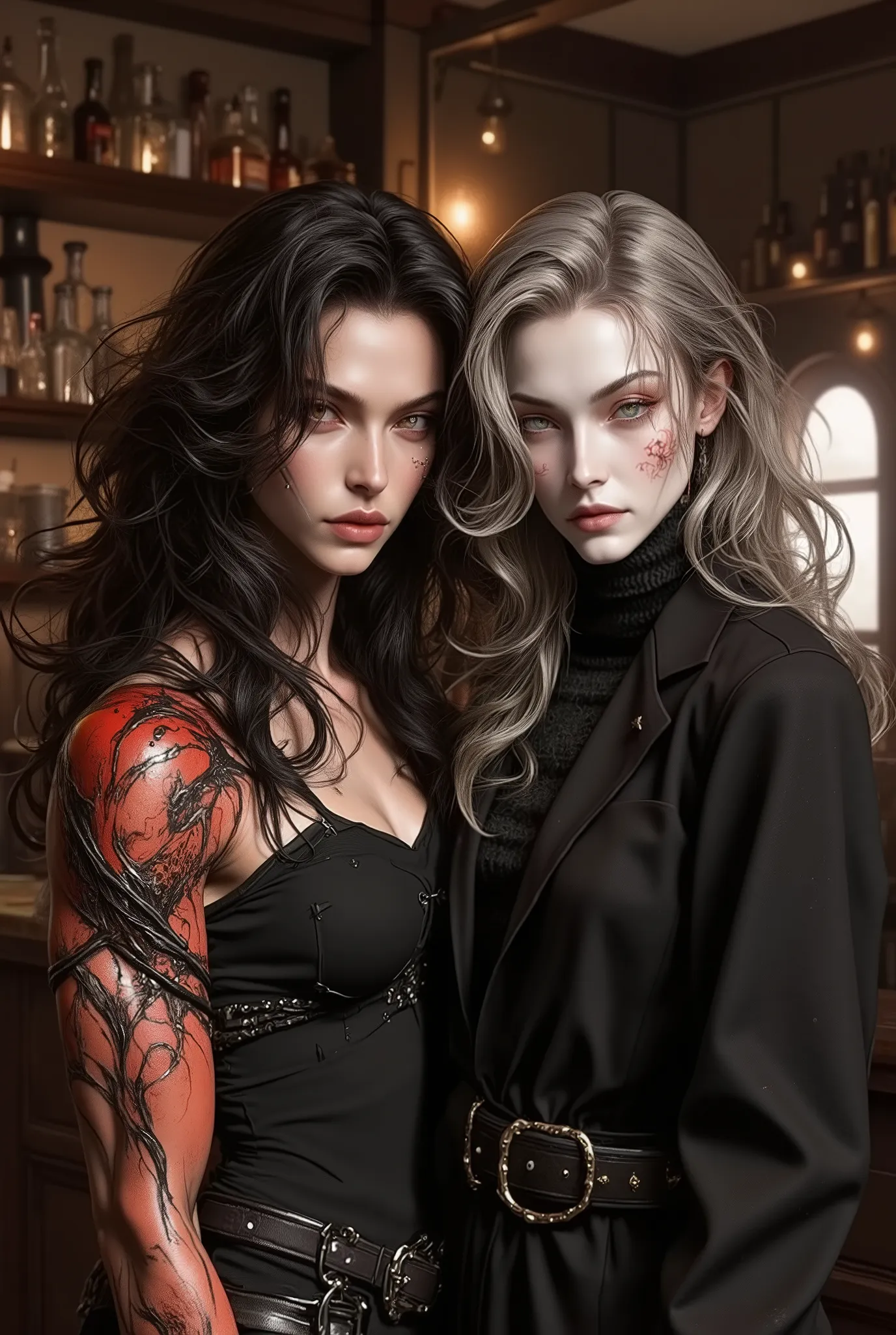 2 chars standing in old bar
char1- ASH - (Standing at a formidable 187 cm, Ash female possesses the powerful, statuesque build of a Valkyrie or amazone—all taught muscle and commanding curves. Her skin, a tapestry of scars and binding runes that resemble f...