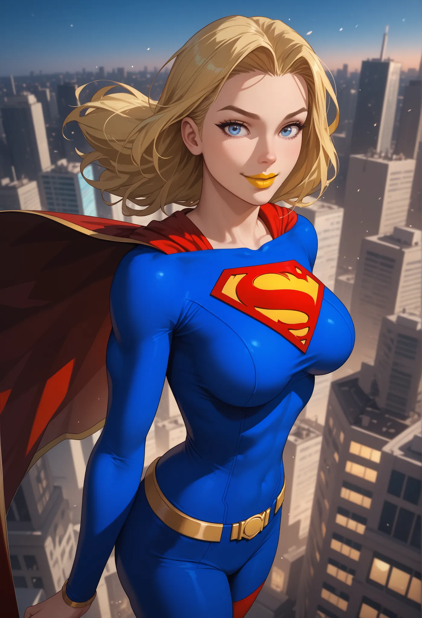 woman, big breasts, anime style, yellow lipstick, blue eyes, blonde hair, red cape, looking at viewer, focus on character, side view, sensual smile, top view, amazing lighting, city, floating, slim waist, superhero costume, blue and red costume, open arms,...