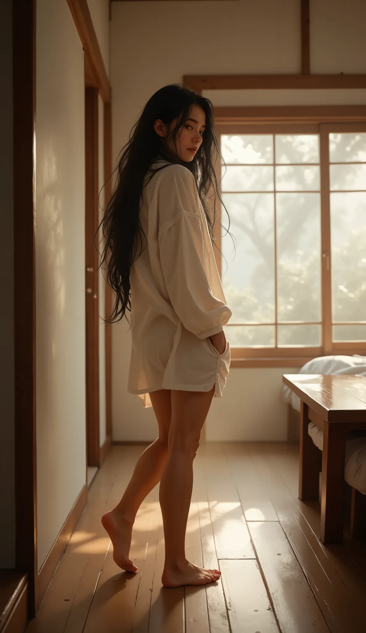 (Cinematic masterpiece, hyper-detailed photorealistic portrait, 8K, shot on Kodak Portra 400), a breathtakingly beautiful tall woman in the quiet, ethereal moments after waking. She is captured standing in the corridor of a serene, minimalist Japanese-styl...