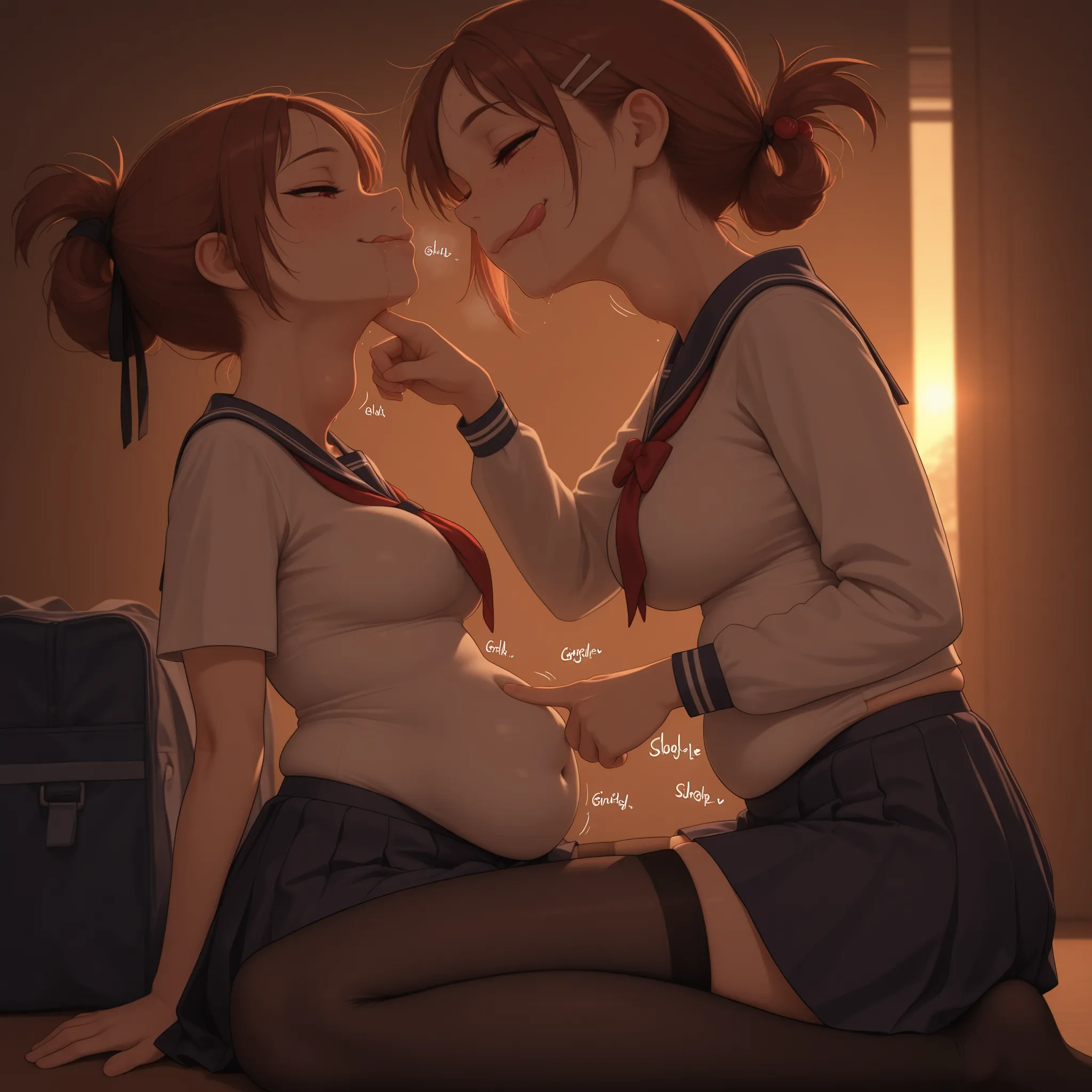 masterpiece, high quality, best quality, 
fully dressed, covered navel, belly concealed by clothes,
school uniform, skirt, stockings, hair ribbon, hairpin, tied hair, schoolbag, 
slim body, slim waist, bloated chubby belly, medium breasts, visible forehead...