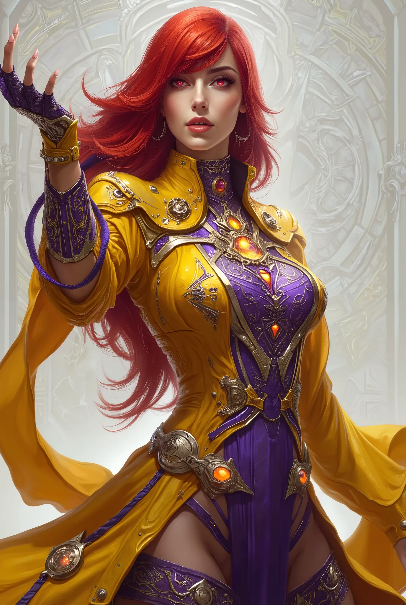 She's striking a bold attacking pose, neon colored, (Best Quality , 4K , 8K , High Resolution , Masterpiece: 1 . 2) , (Super Detailed , Realistic , Photorealistic:1 . 37), A mystical female figure with red hair and glowing red eyes, wearing an elegant futu...