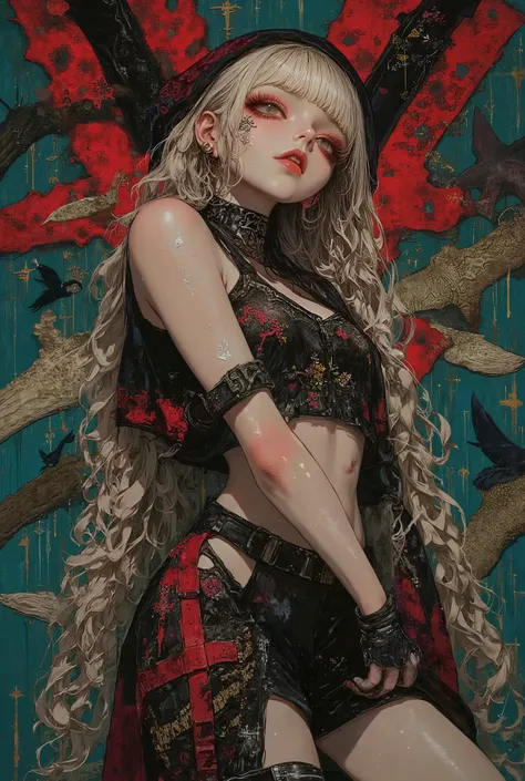 Gothic_girl, ((top quality)), (super high resolution), (super detailed), Chris Bachalo inspired, exquisite digital illustration, womanhood, Studio Ghibli Dark Fantasy, a tall skinny female high fashion model goddess, contorted, wet hair, dark smeared eye m...