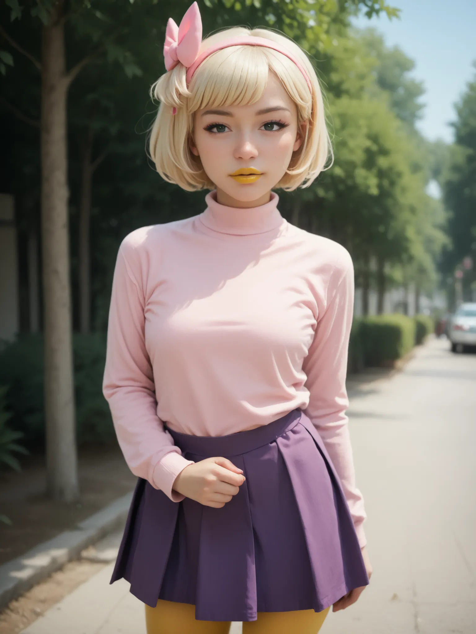 (Cosplay);(Webby_Vanderquack);(1girl); medium-breasted human Japanese girl wearing a white Chanel wig with a pink ribbon, pink shirt with a blue-green sweater and a purple skirt, yellow pantyhose and yellow lipstick