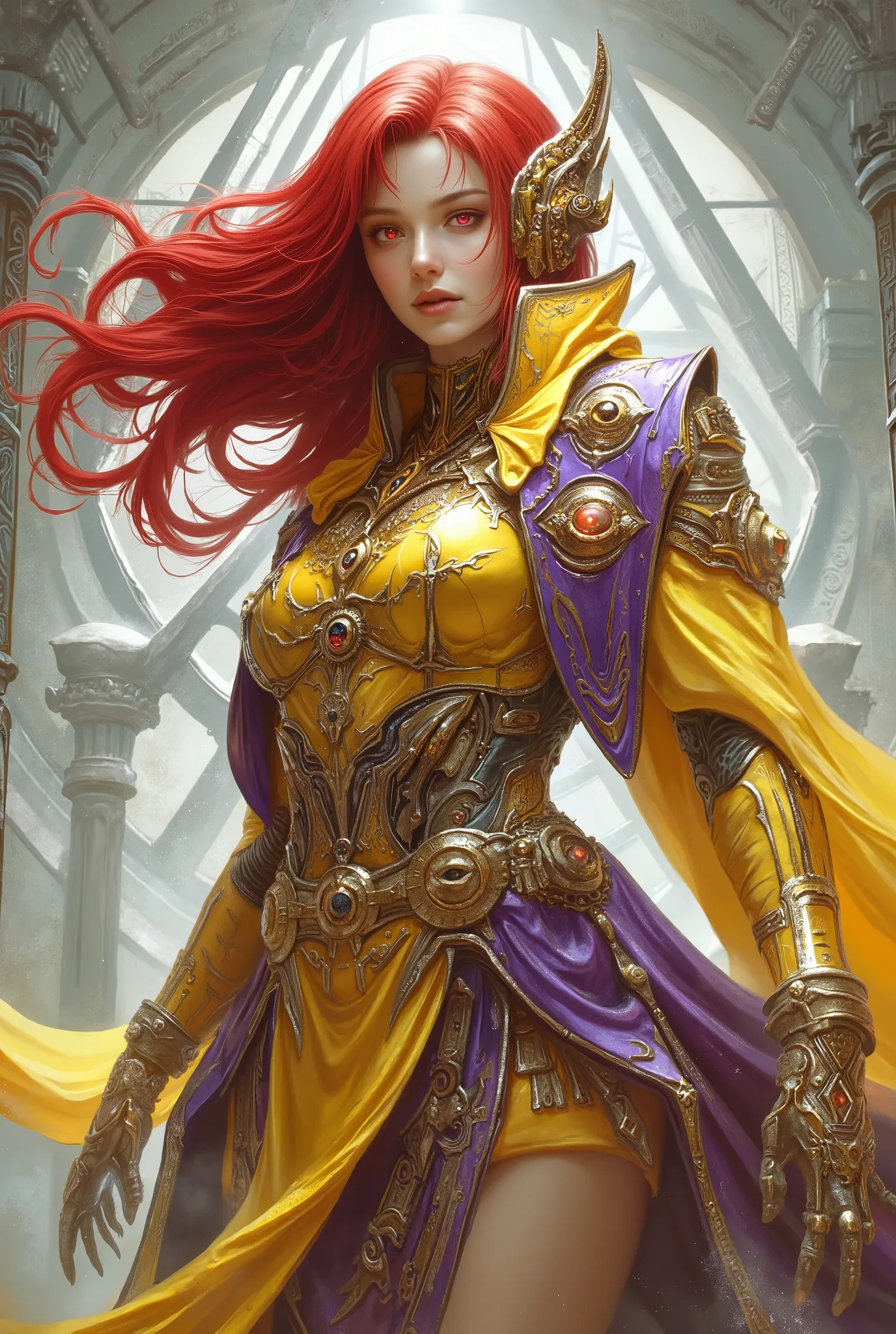She's striking a bold attacking pose, neon colored, (Best Quality , 4K , 8K , High Resolution , Masterpiece: 1 . 2) , (Super Detailed , Realistic , Photorealistic:1 . 37), A mystical female figure with red hair and glowing red eyes, wearing an elegant futu...