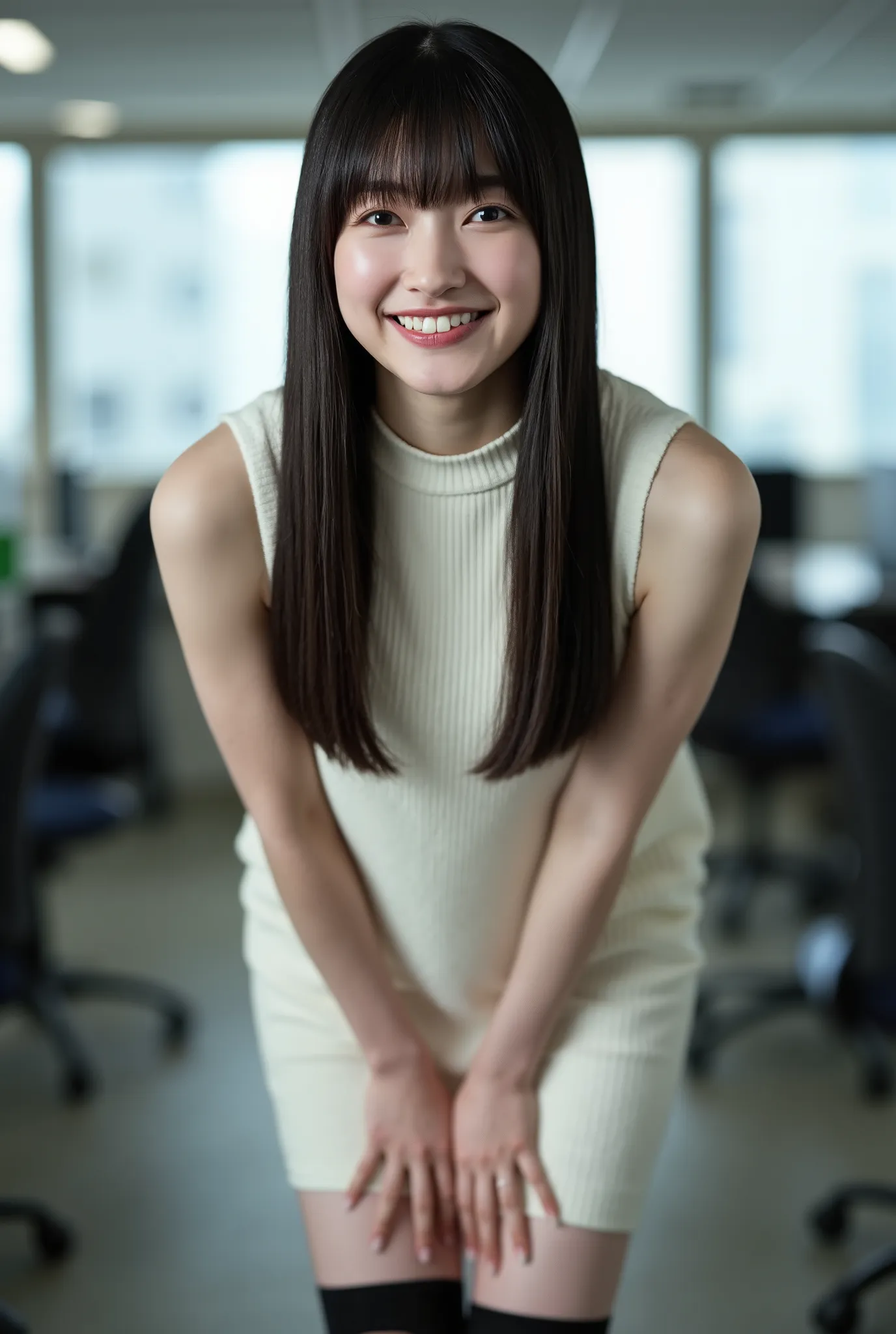 The high resolution image is a portrait of a young woman named Zono viewed from the front.
Her hairstyle is straight long dark hair down to the chest with thick blunt bangs. 
She is wearing a sleeveless high-neckline ribbed knit sweater short dress and bla...
