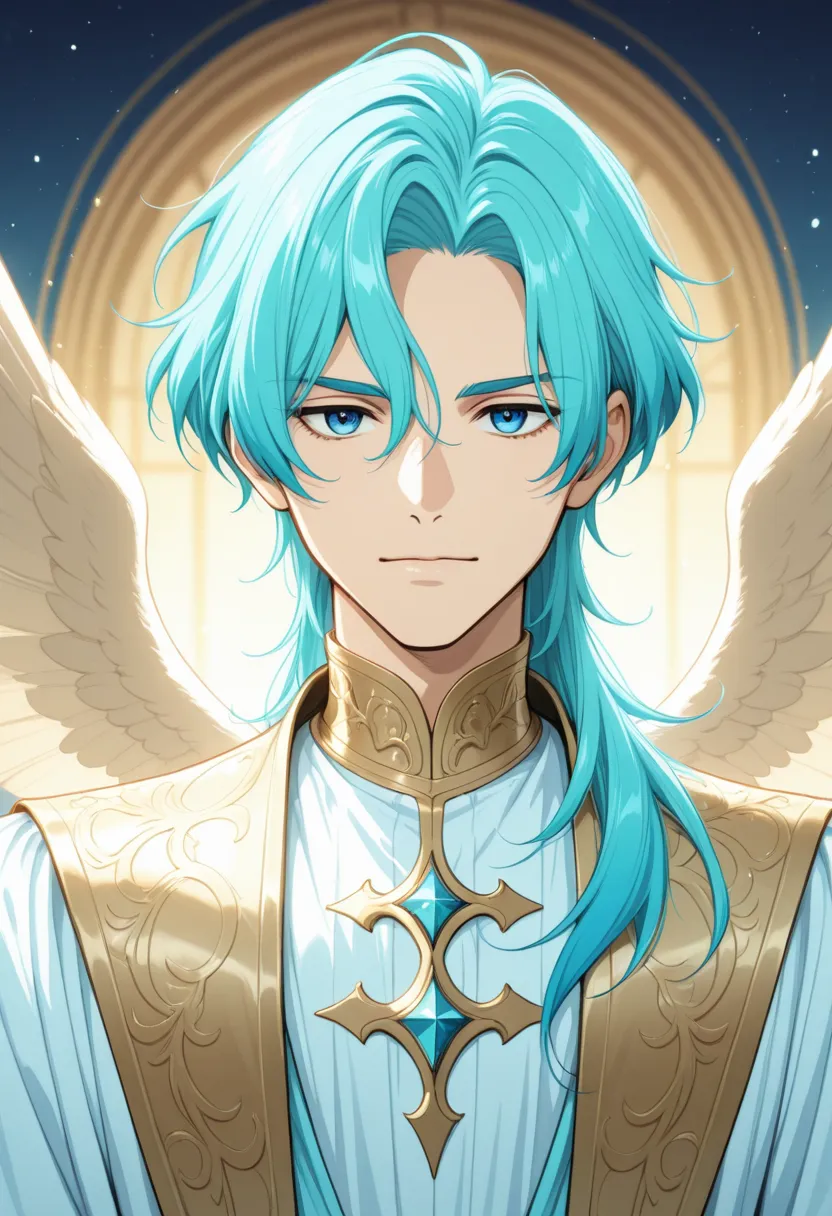 an adult prince, wearing heavenly prince clothes, with turquoise hair and wings, Let it be serene, Anime style, blue eyes, sabio