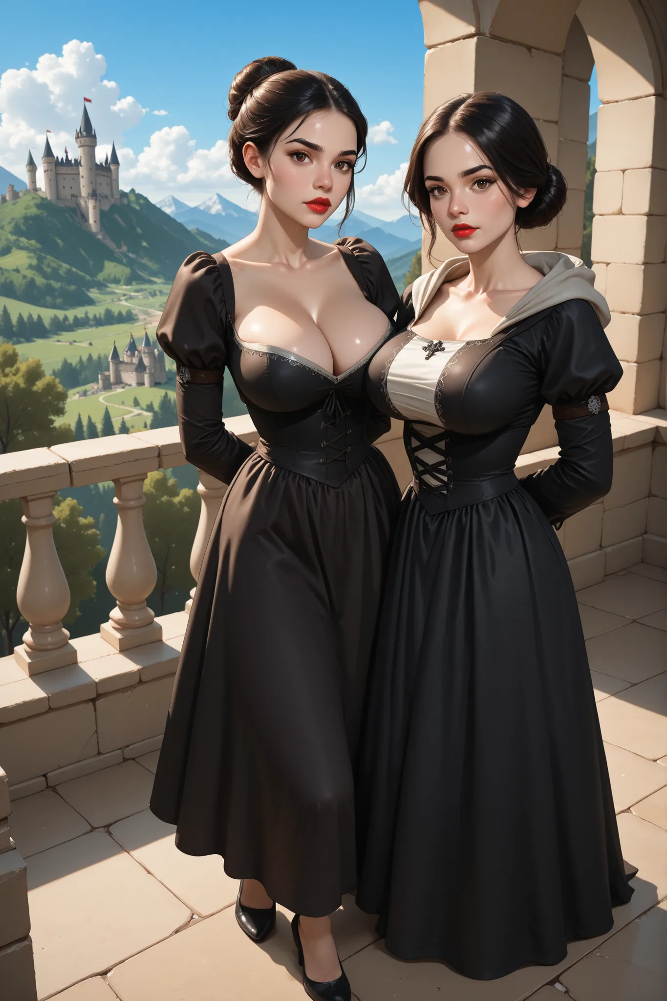 (Perfect Face, Perfect Body), Black Hair, Hair Bun, Black Thin Eyebrows, Dark Brown Eyes, Nose, Lips, Red Lips, Collarbone, (Big Breasts, Perfect Breasts), (Black Medieval Dress with Hood, Medieval Dresses for Women with Long Sleeves, Medieval Dresses with...
