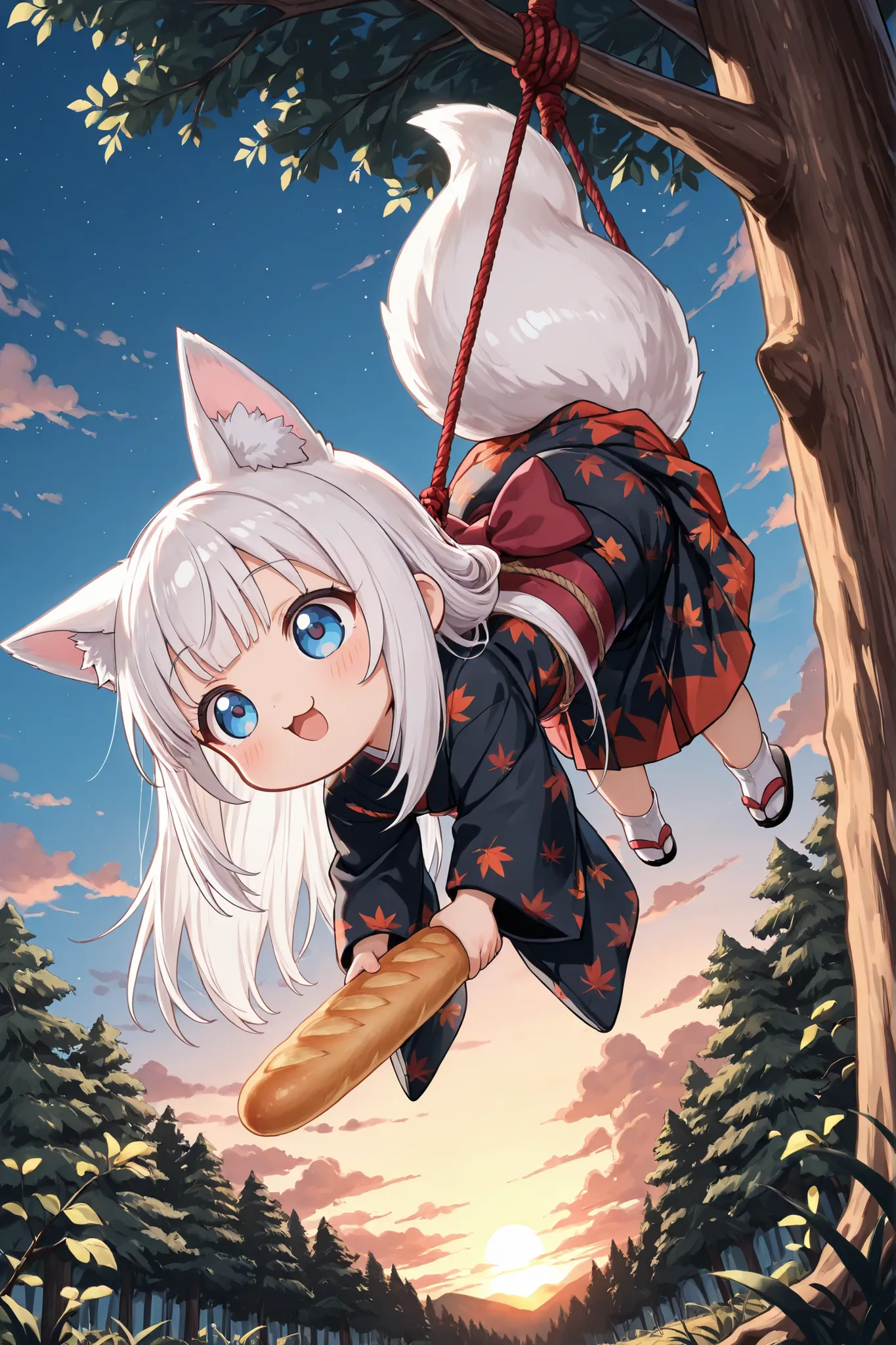((Masterpiece)),((best quality)),((incredibly absurdres)),((8K)),(anime style),
(1 chibi girl),((Deformed chibi)),solo,white hair,long hair,straight hair,blue eyes,baby face,cute,kawaii,BREAK (white fox ears,white fox tail),white ear hair,pink inner ear, 
...