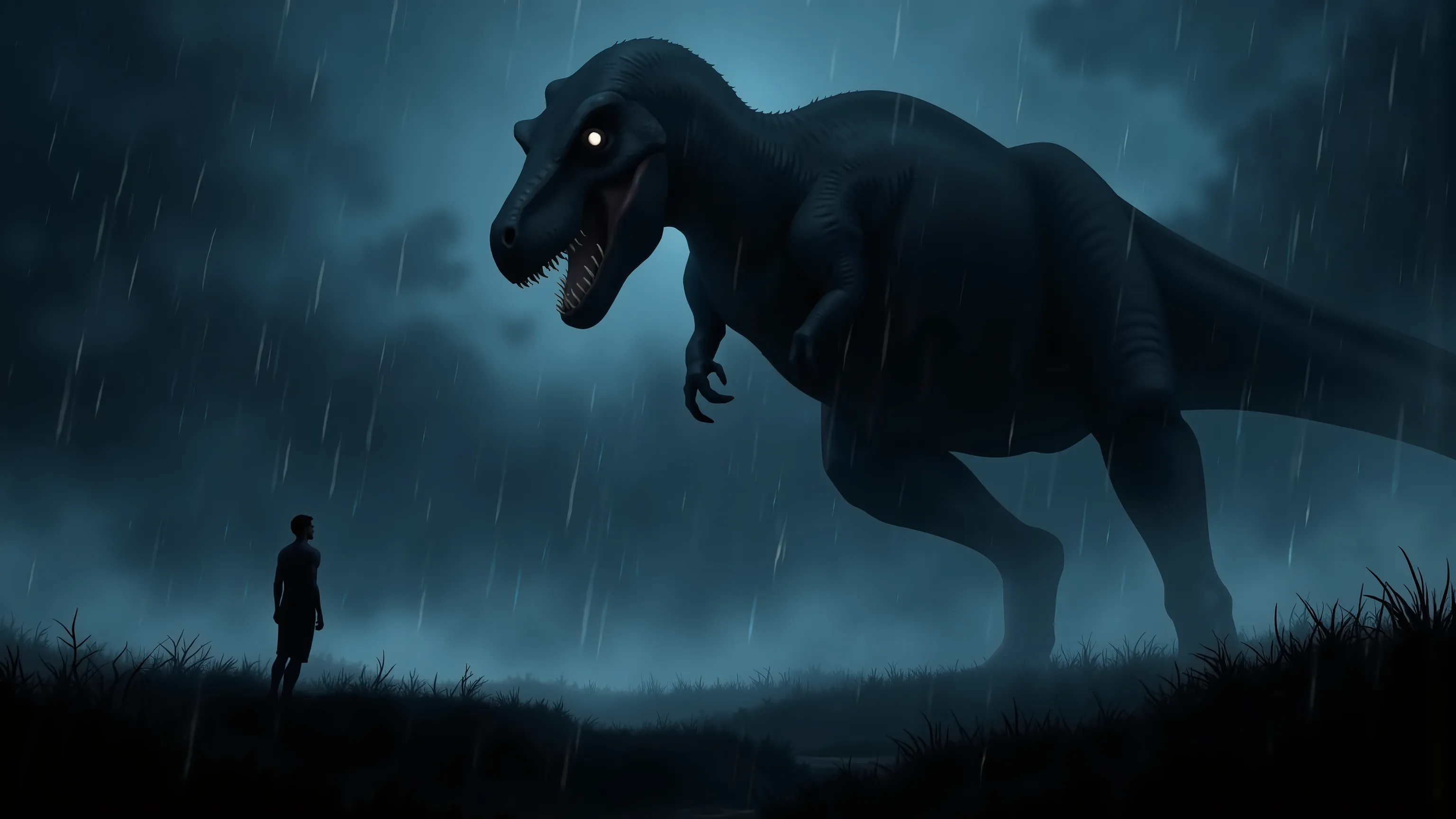 4pp4l4chi4 Folk Horror, night, heavy rain, a man looking up at the silhouette of a Tyrannosaurus_rex, dinosaur, Tyrannosaurus_rex looking at the man with it's eyes glinting like diamonds