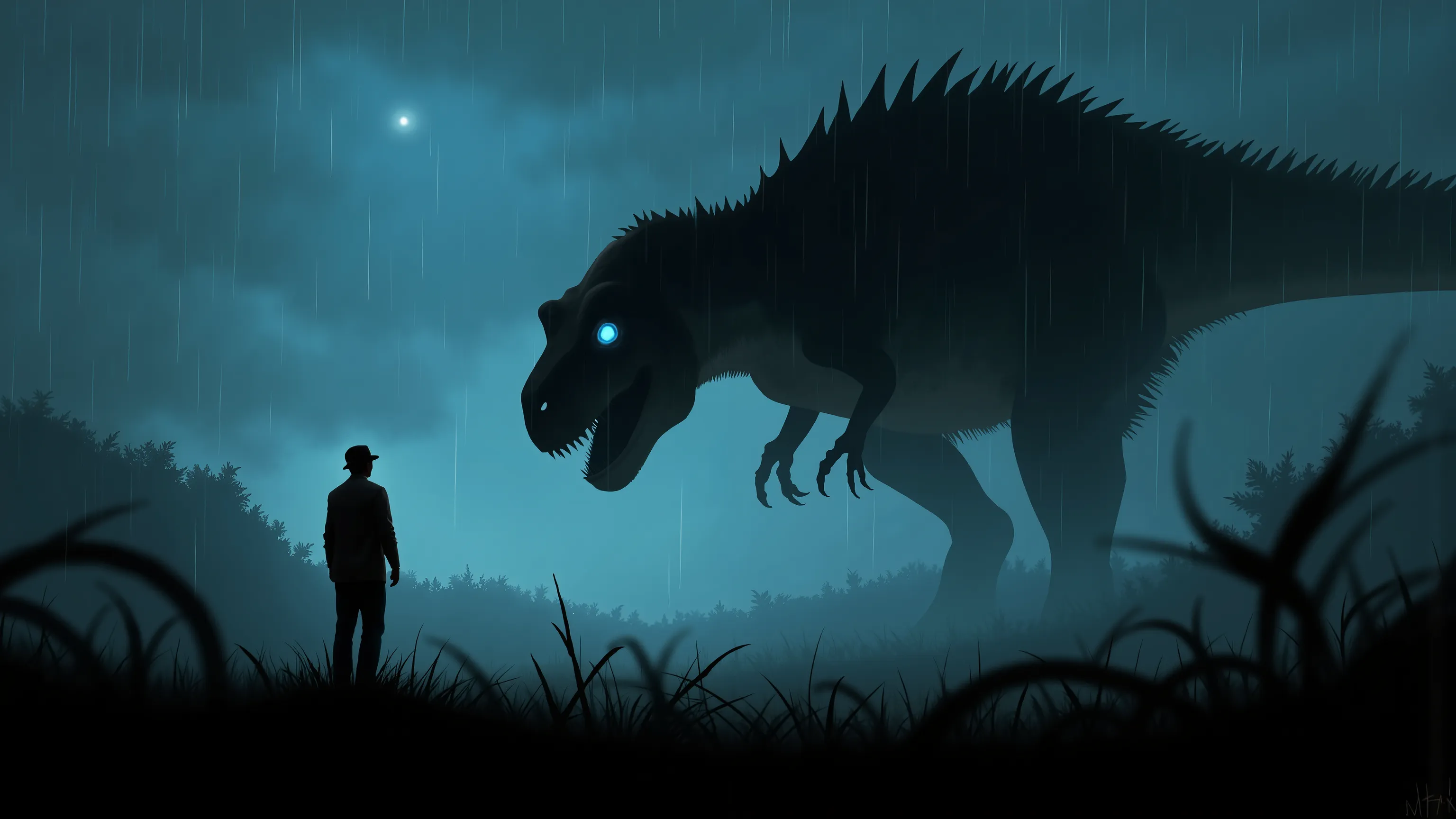 4pp4l4chi4 Folk Horror, night, heavy rain, a man looking up at the silhouette of a Tyrannosaurus_rex, dinosaur, Tyrannosaurus_rex looking at the man with it's eyes glinting like diamonds