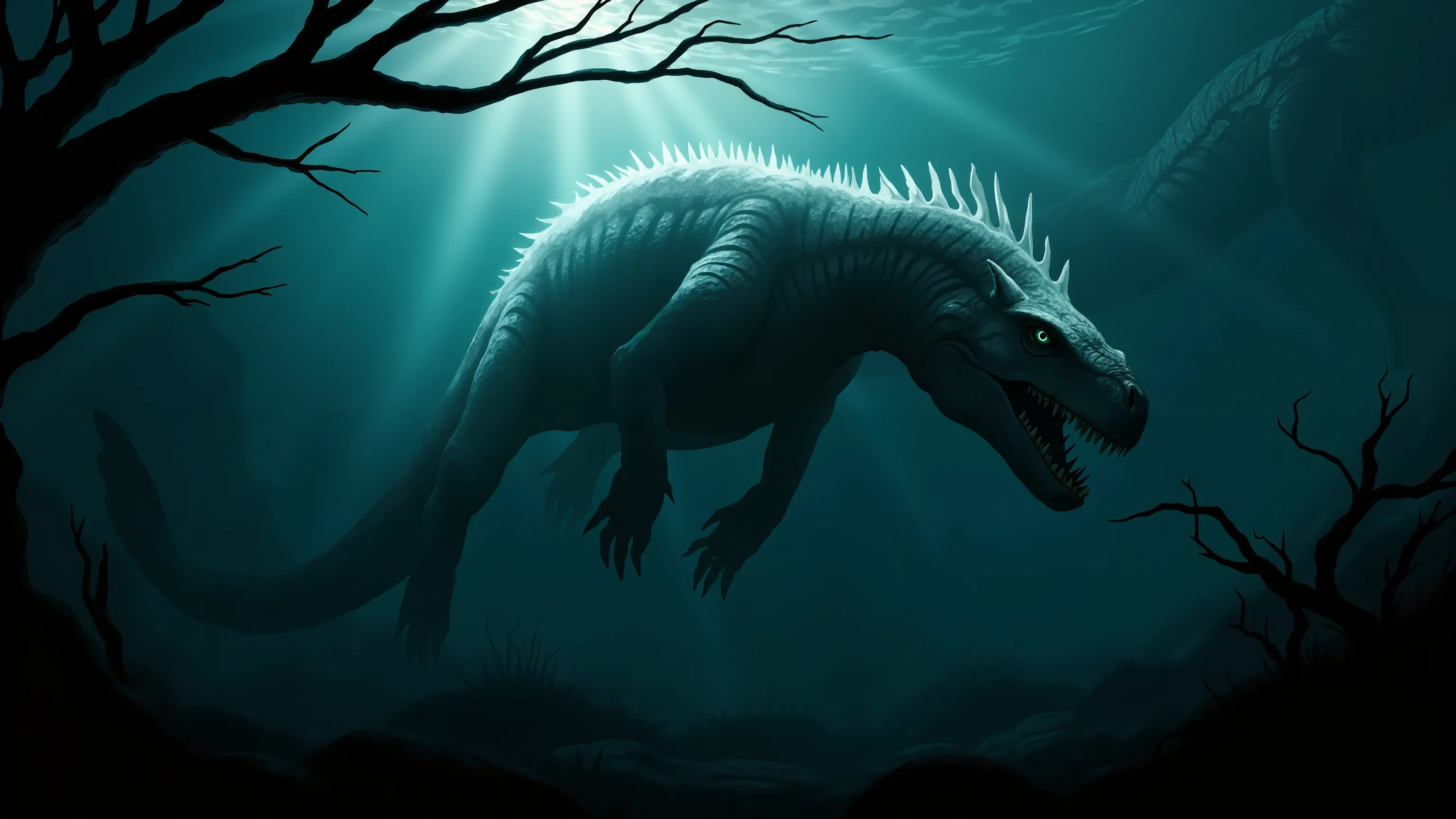 4pp4l4chi4 Folk Horror, underwater, dark, a Mosasaur swimming, marine reptile,