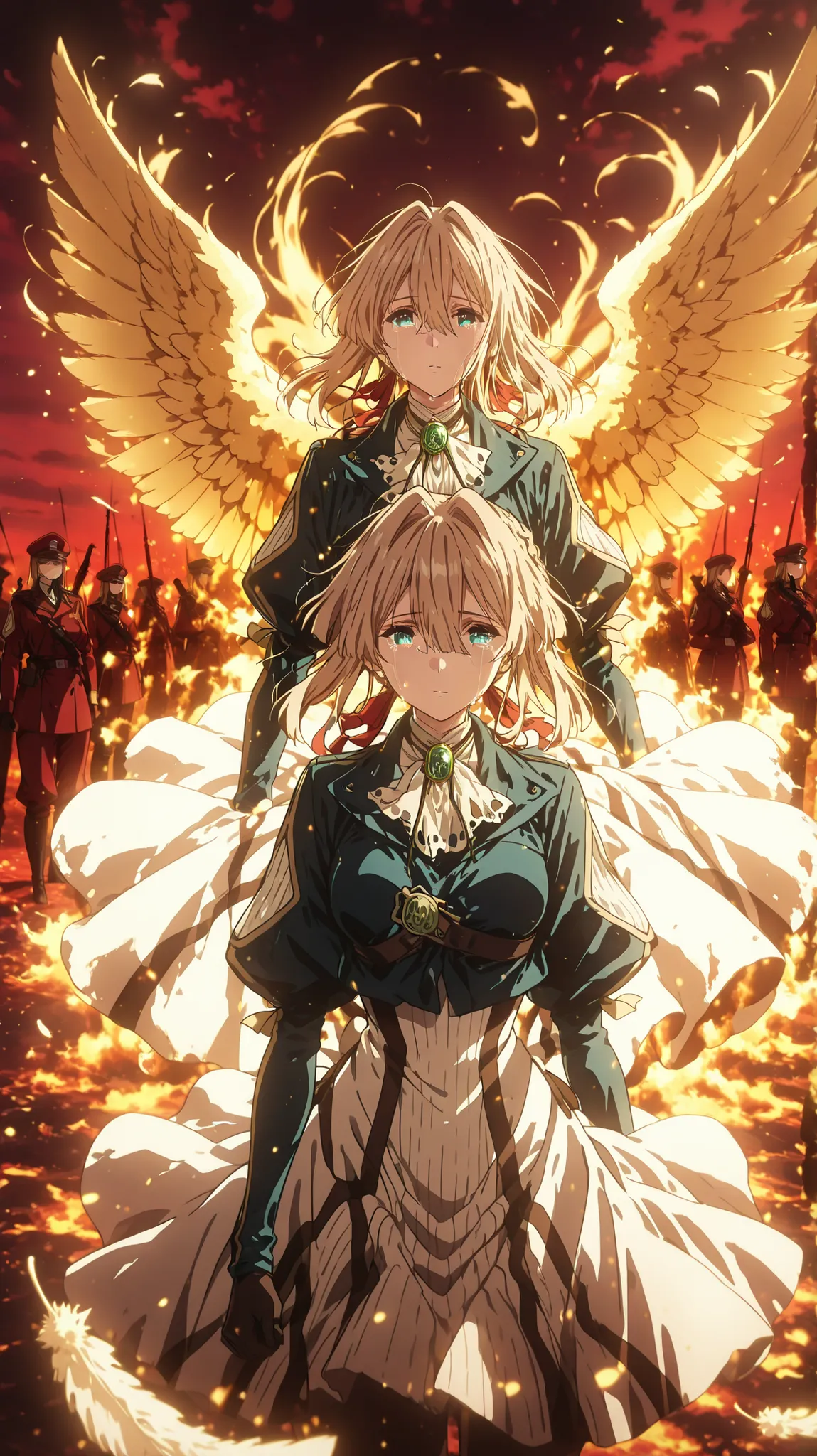 a stunning anime girl with long golden hair and military uniform, standing in a burning battlefield, golden phoenix-like flames rising from her chest, her eyes full of tears and light, surrounded by glowing feathers made of pure light, cinematic lighting, ...