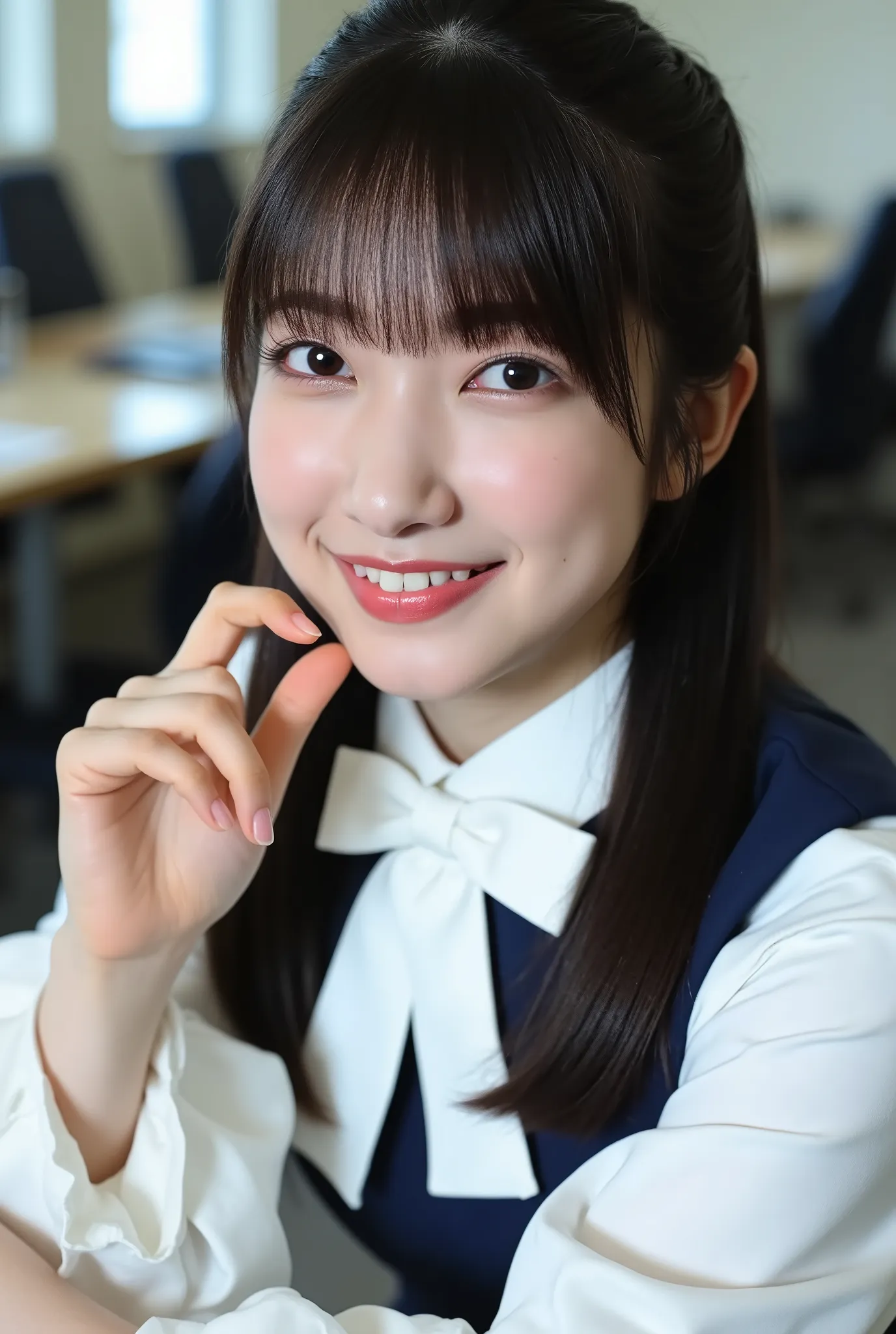 The high resolution image is a close-up portrait of a young woman named Zono with straight long dark hair down to the chest and thick blunt bangs. 
She is wearing a dark blue mini dress with white puffy long sleeves. 
The blouse has a very large white bow ...