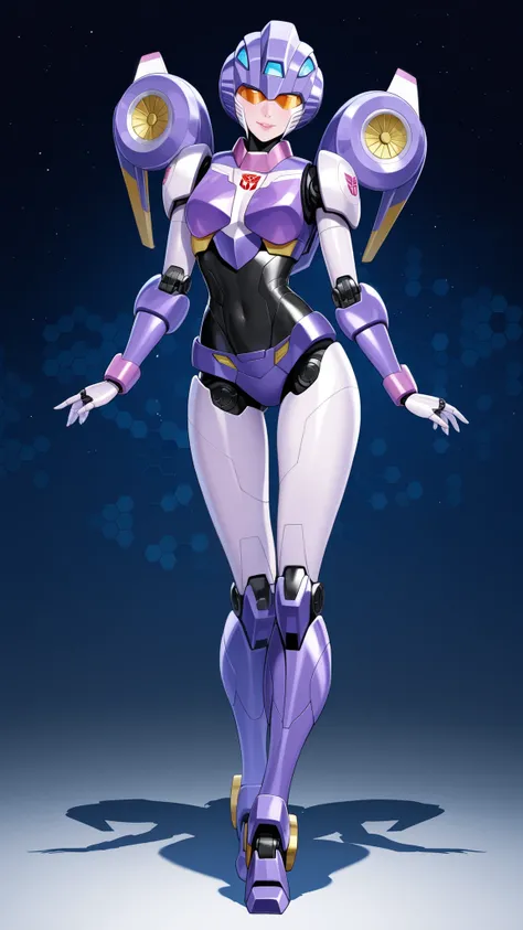 Full-body ultra-realistic anime-style illustration of symbiosis Arcee-Nautica — the iconic female Autobot from Transformers IDW comics. Her design is elegant, sleek, and distinctly feminine. She has a streamlined robotic body with soft curves and mechanica...