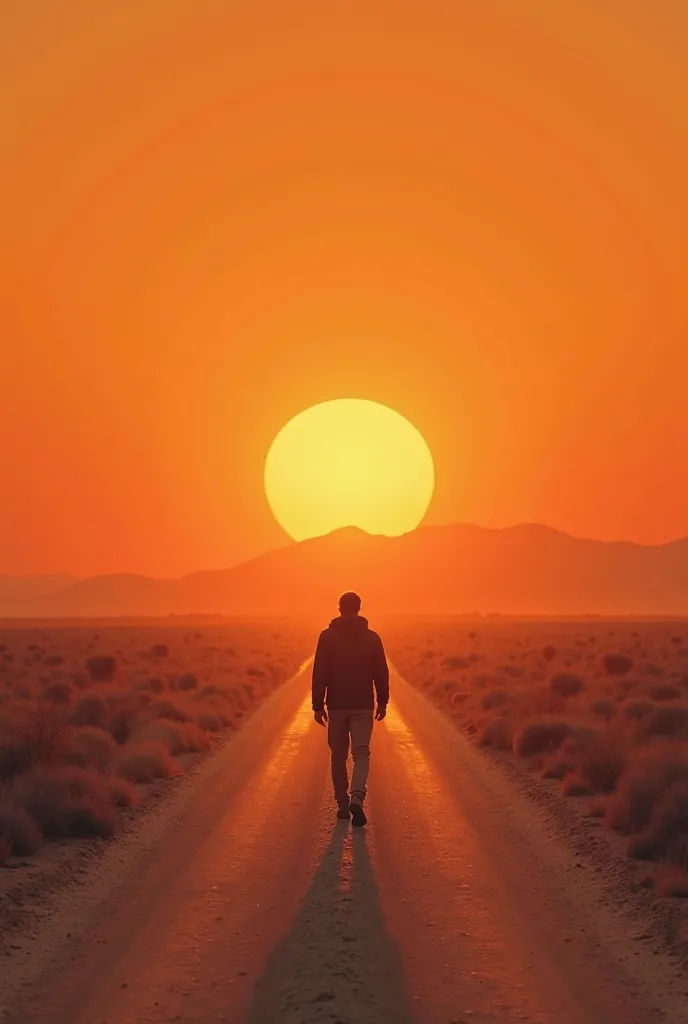 A wanderer walking along a long desert road at sunset, the burning orange of the horizon. with dust falling behind you at every step. scene evokes loneliness, toughness, and a beautiful. drawn in minimalist landscape realism, a warm color palette, 4k compo...