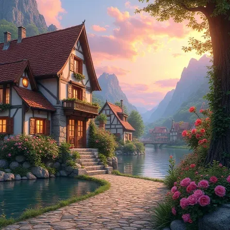 a small village by the river，Background is mountains，Flowers bloom，Brightly colored，Detailed Scenery，Beautiful Natural Scenery，Ambiance Lighting，Burning Sunsets，a warm color palette，utility，utility摄影，Detailed Leaves，Intricate architecture，cobblestone stree...