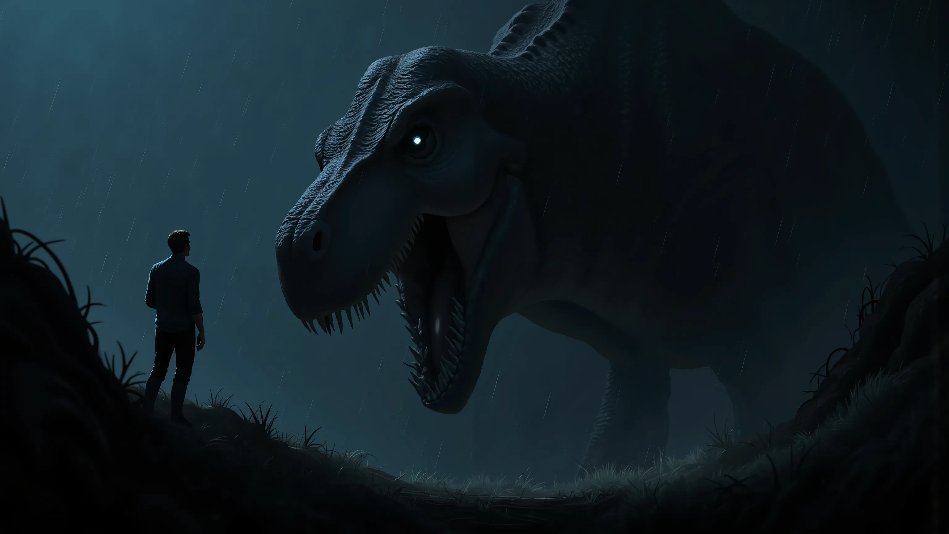 night, heavy rain, a man looking up at the silhouette of a Tyrannosaurus_rex, dinosaur, Tyrannosaurus_rex looking at the man with it's eyes glinting like diamonds