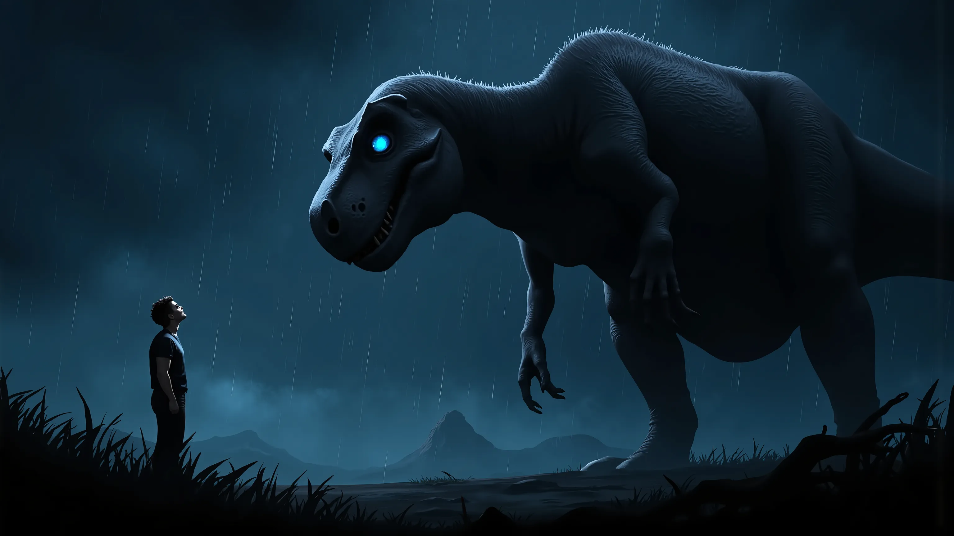 night, heavy rain, a man looking up at the silhouette of a Tyrannosaurus_rex, dinosaur, Tyrannosaurus_rex looking at the man with it's eyes glinting like diamonds