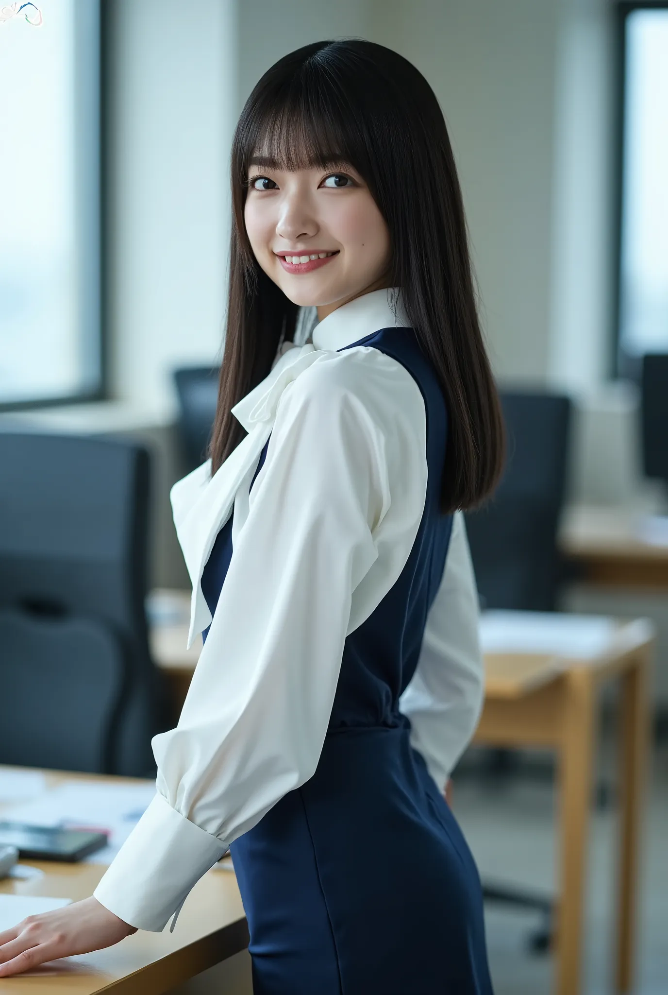 The high resolution image is a portrait of a young woman named Zono.
The photo shooting is back focus, viewed from behind her.
Her hairstyle is straight long dark hair down to the chest with thick blunt bangs. 
She is wearing a dark blue mini dress with wh...